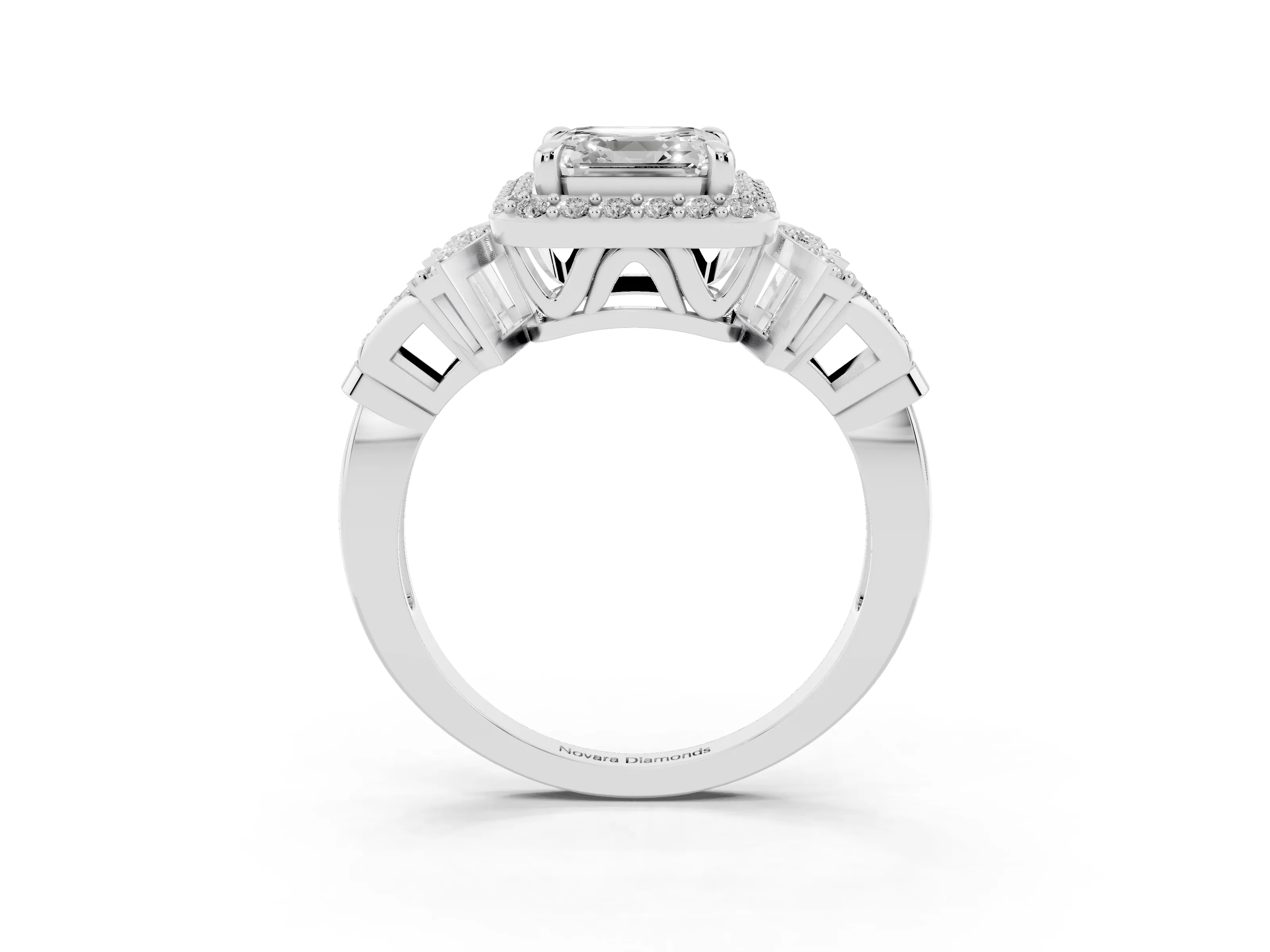 Asscher Cut Diamond Halo Engagement Ring Set in Platinum with Accent Stone Split Shank