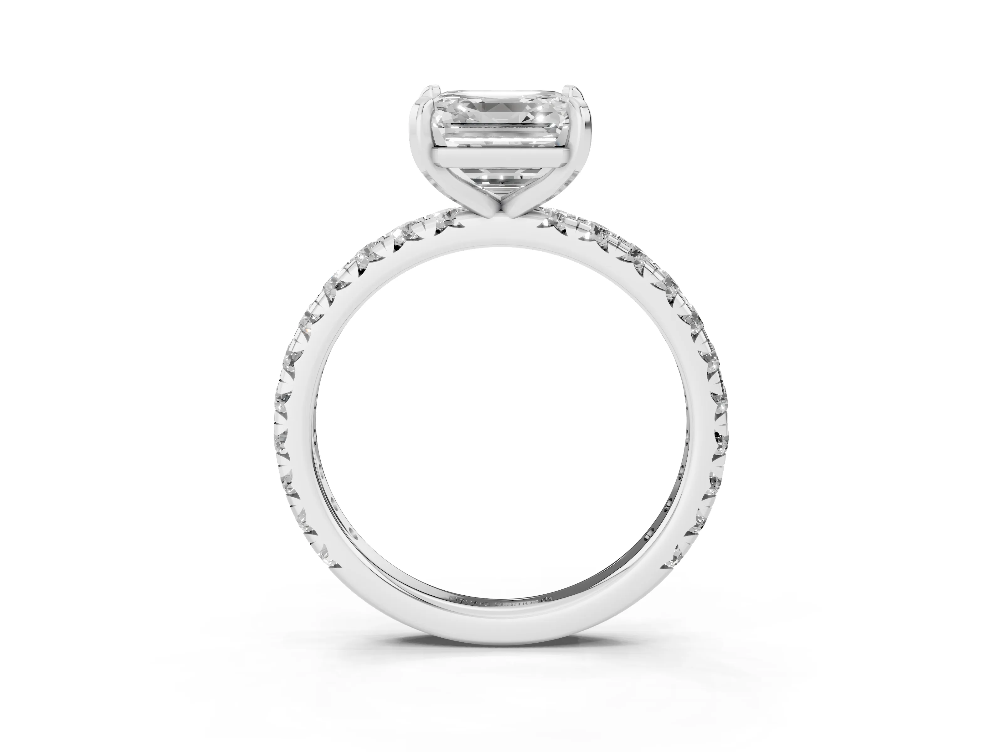Asscher Cut Diamond Pavé Solitaire Ring Set in White gold with Round Band and Prong Setting