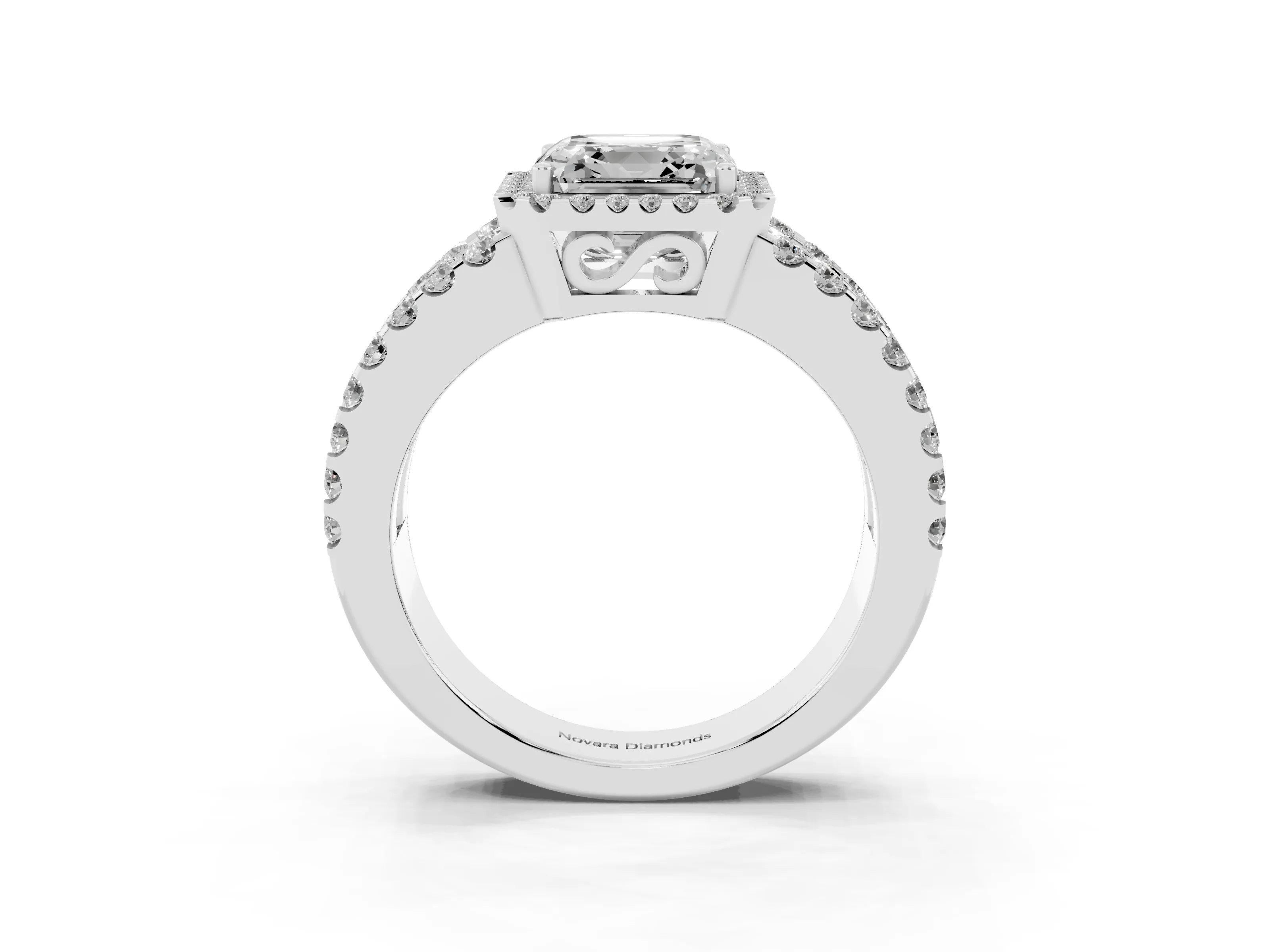 Asscher Cut Diamond Halo Ring Set in Platinum with Pavé Split Shank and Prong Setting