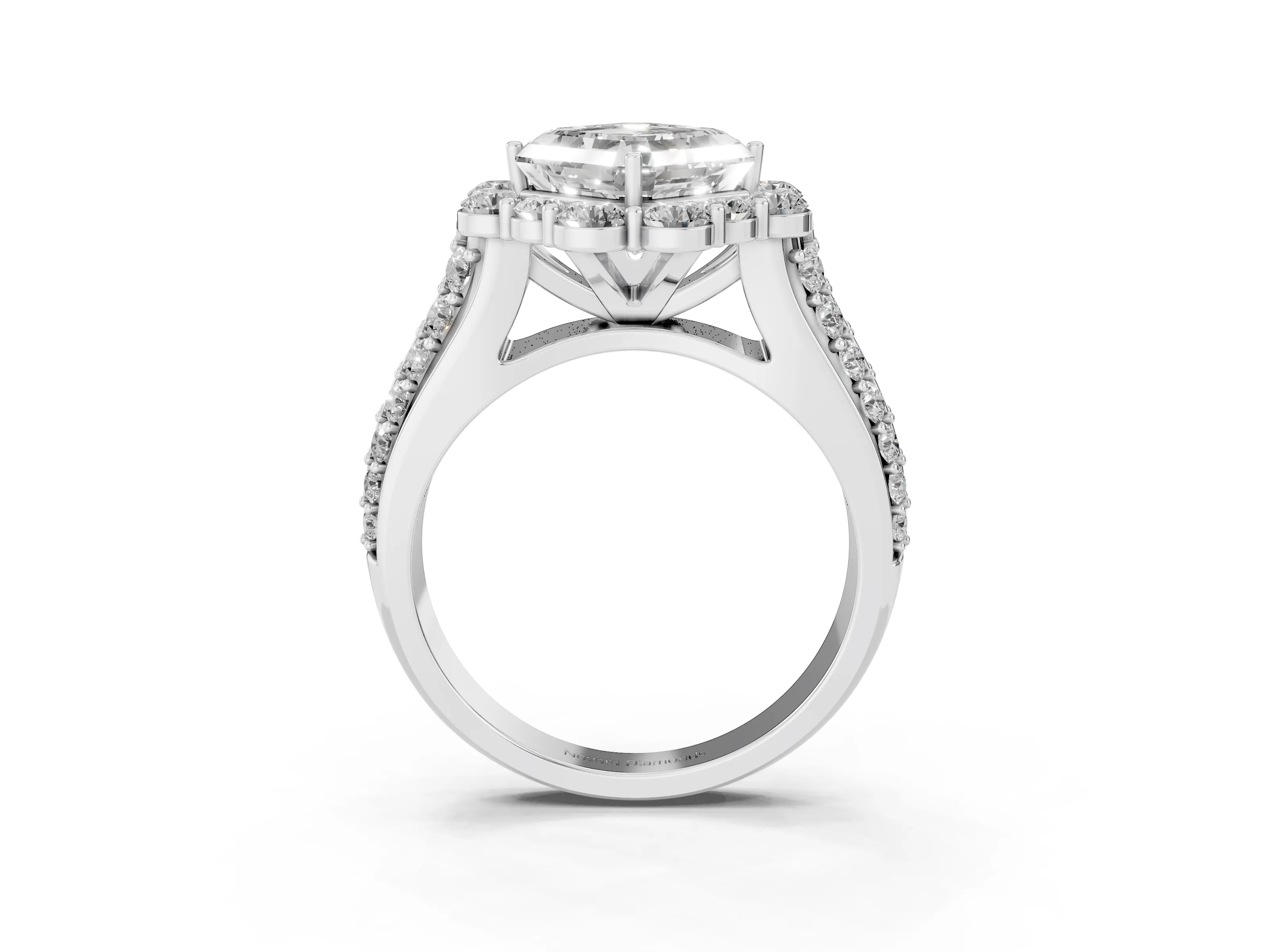 Asscher Cut Diamond Halo Engagement Ring Set in Silver with Split Shank and Prong Setting