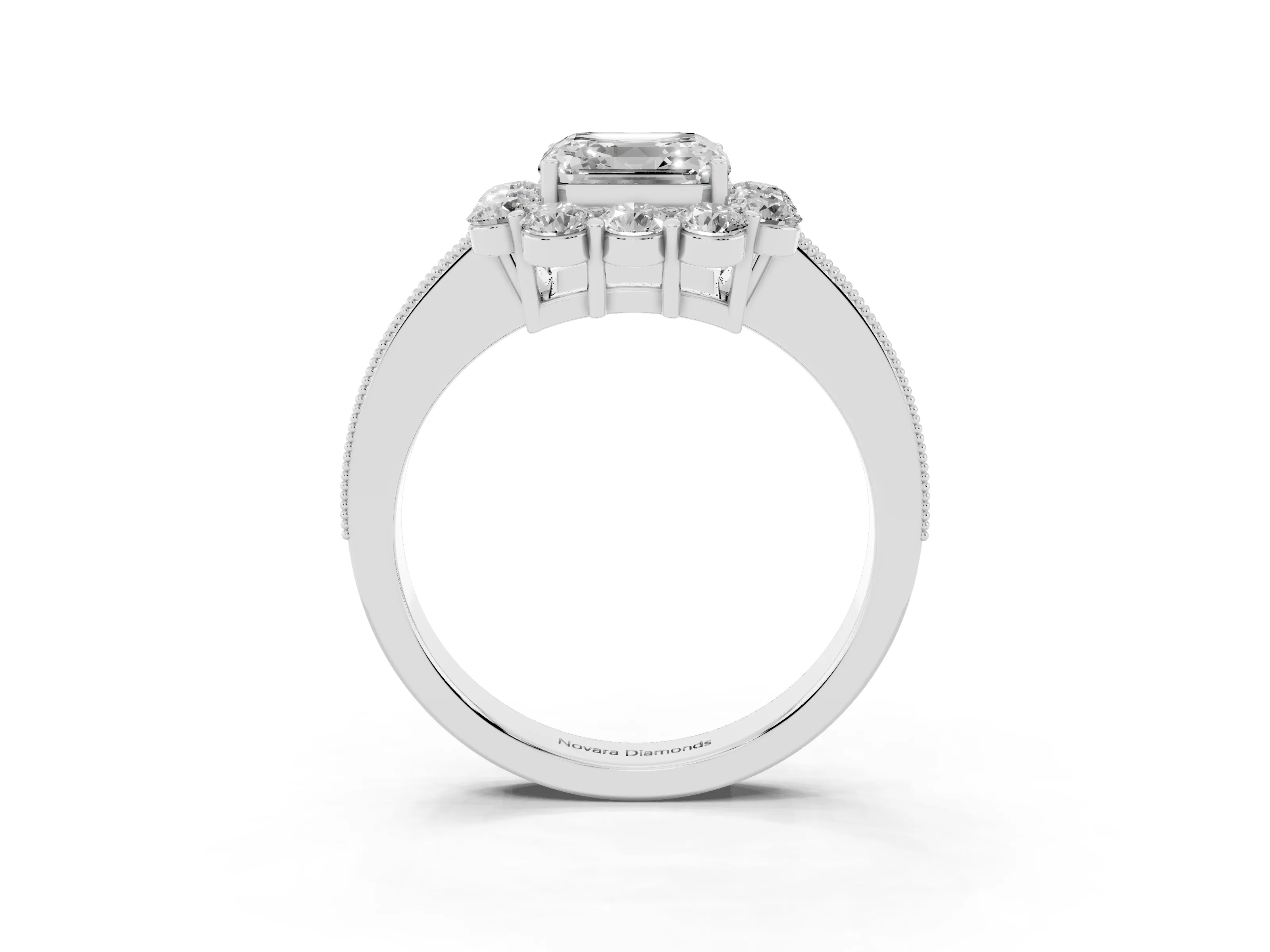 Asscher Cut Diamond Halo Pavé Engagement Ring Set in White gold with Milgrain Detailing
