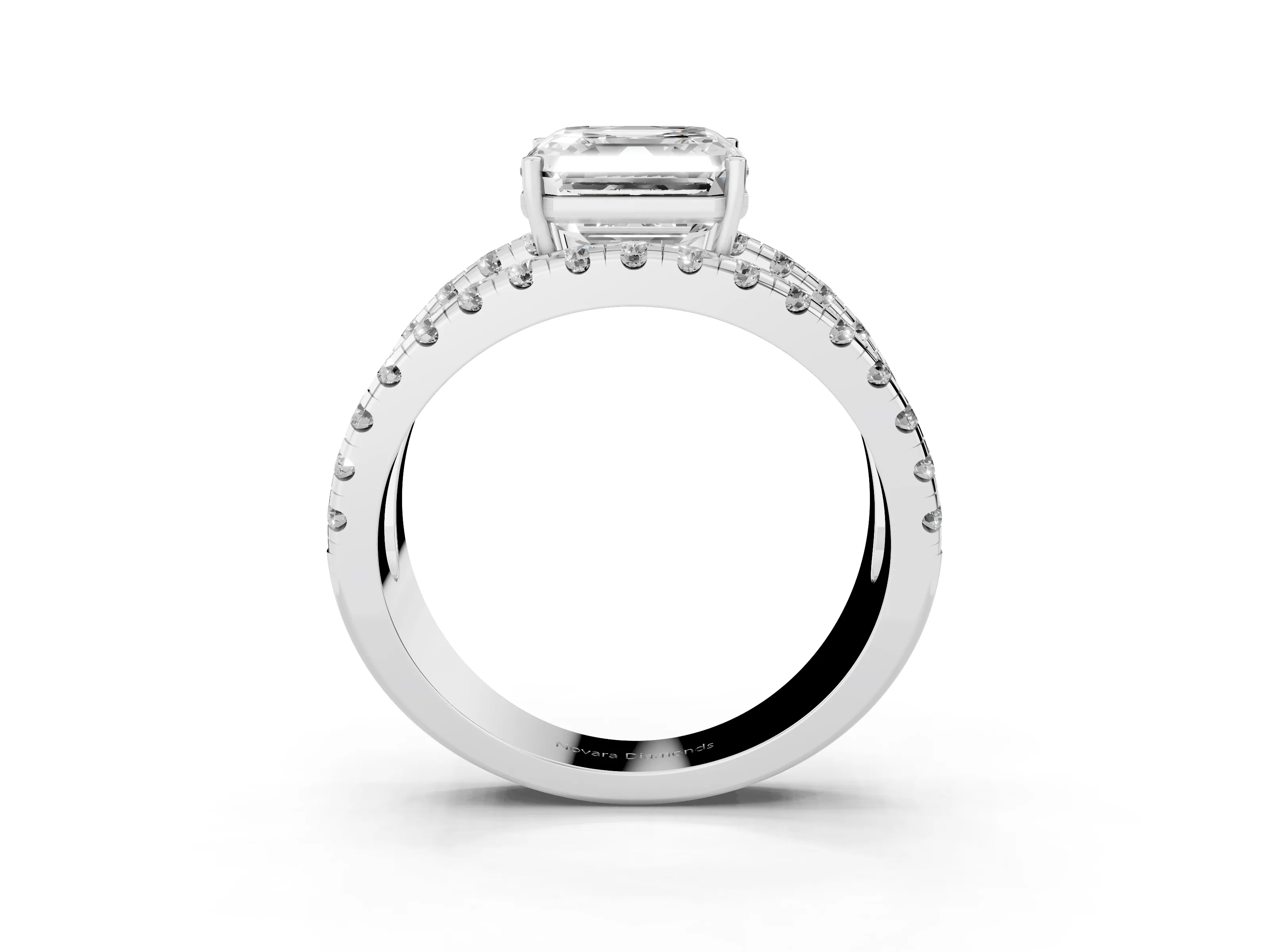 Asscher Cut Diamond Split Shank Pavé Solitaire Ring Set in Platinum with Open Shank Design