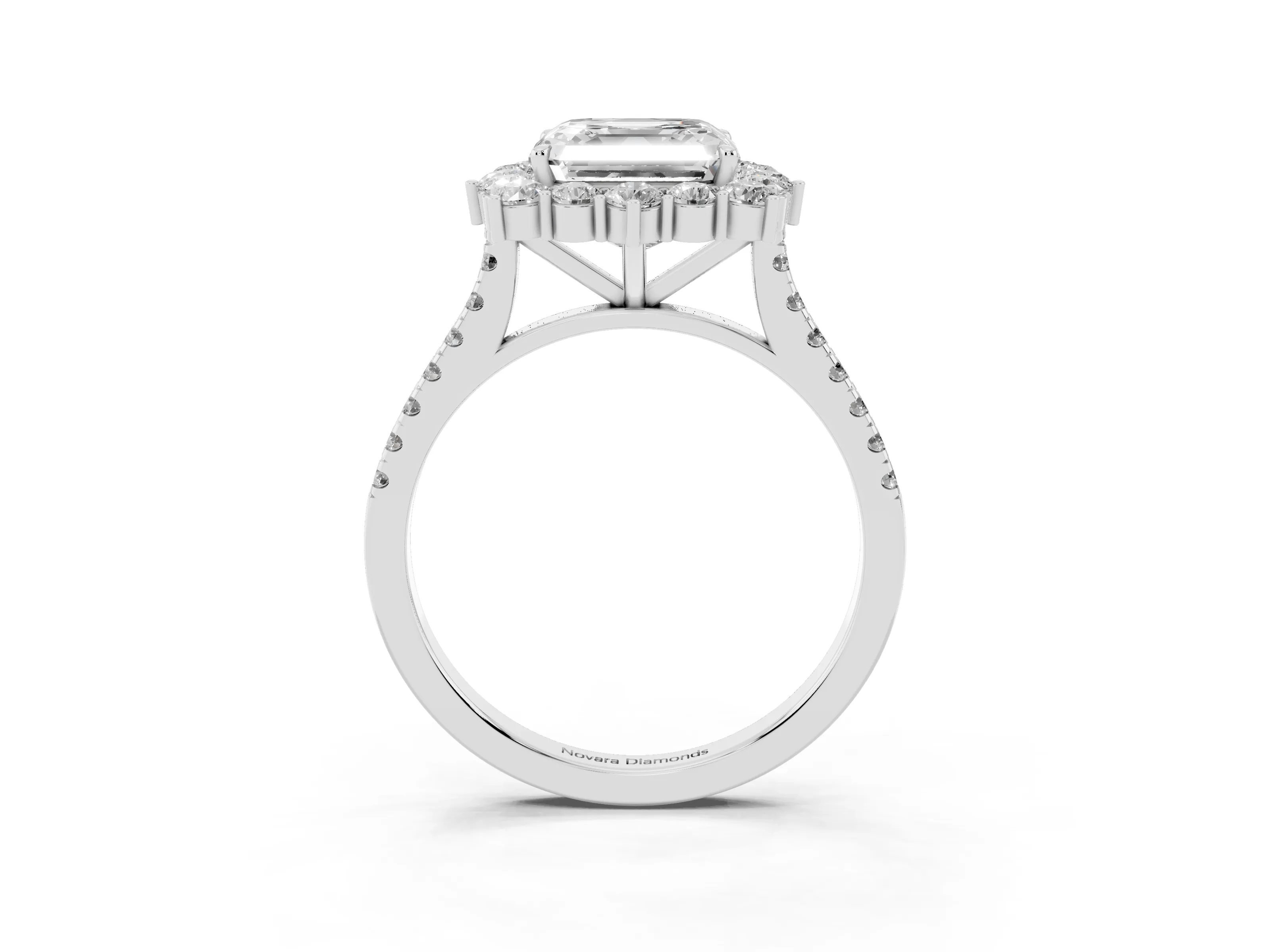 Asscher Cut Diamond Halo Ring Set in Silver with Pavé Band and Prong Setting
