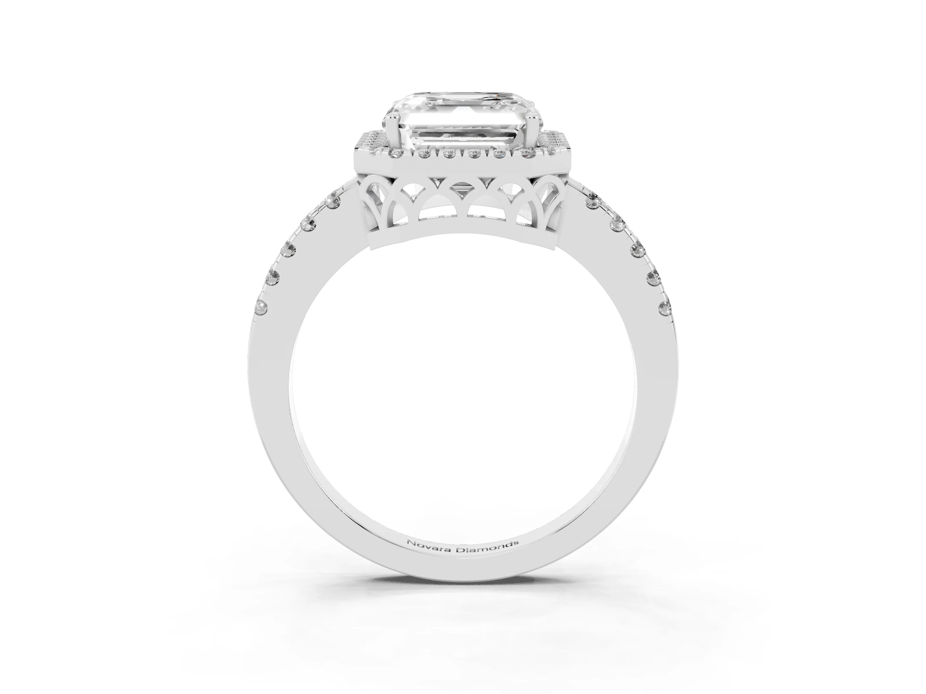 Asscher Cut Diamond Pavé Band Halo Engagement Ring Set in Silver with Prong Setting