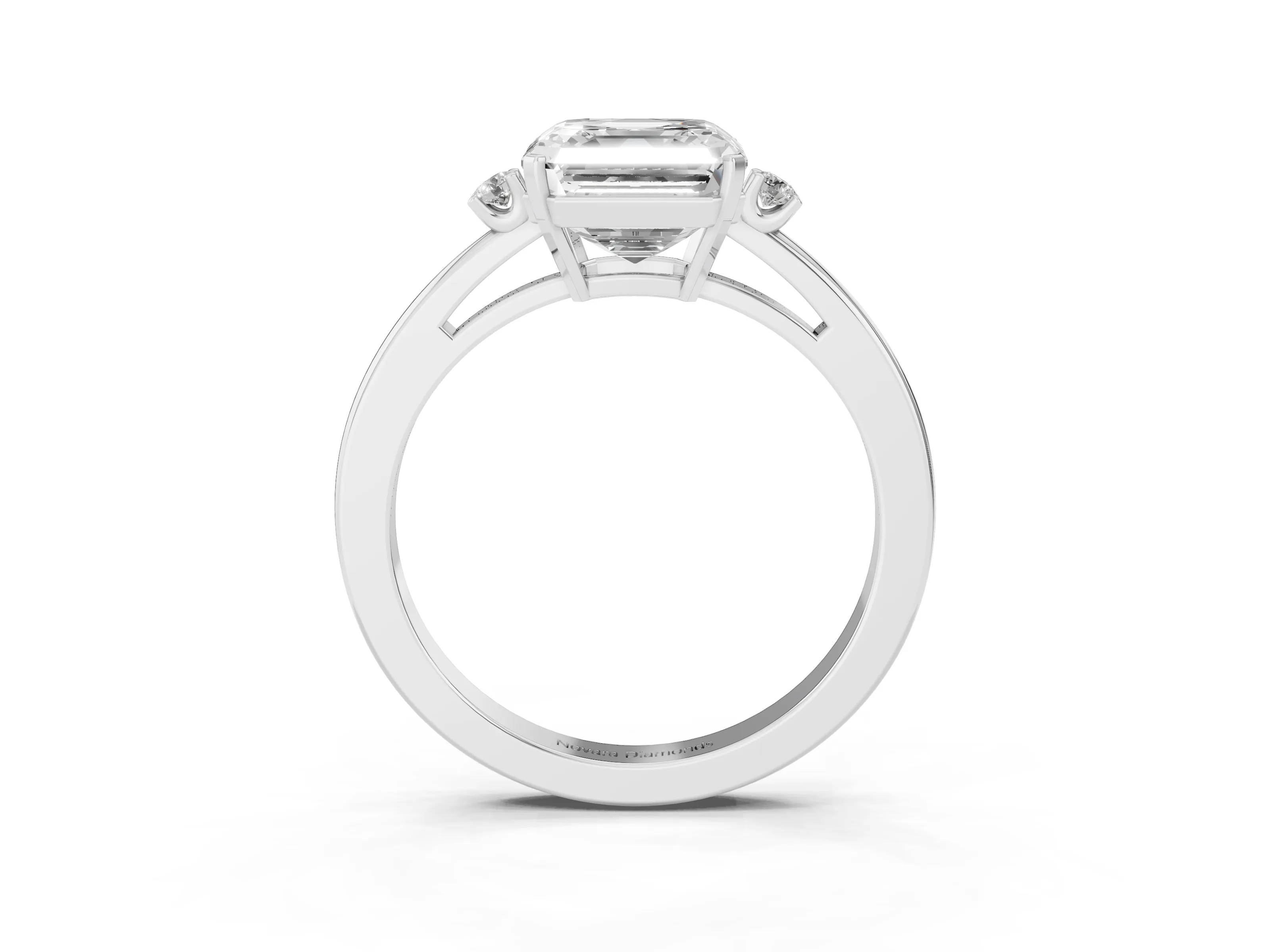 Three-Stone Asscher Cut Diamond Solitaire Ring Set in Silver with Round Accent Stones and Prong Setting