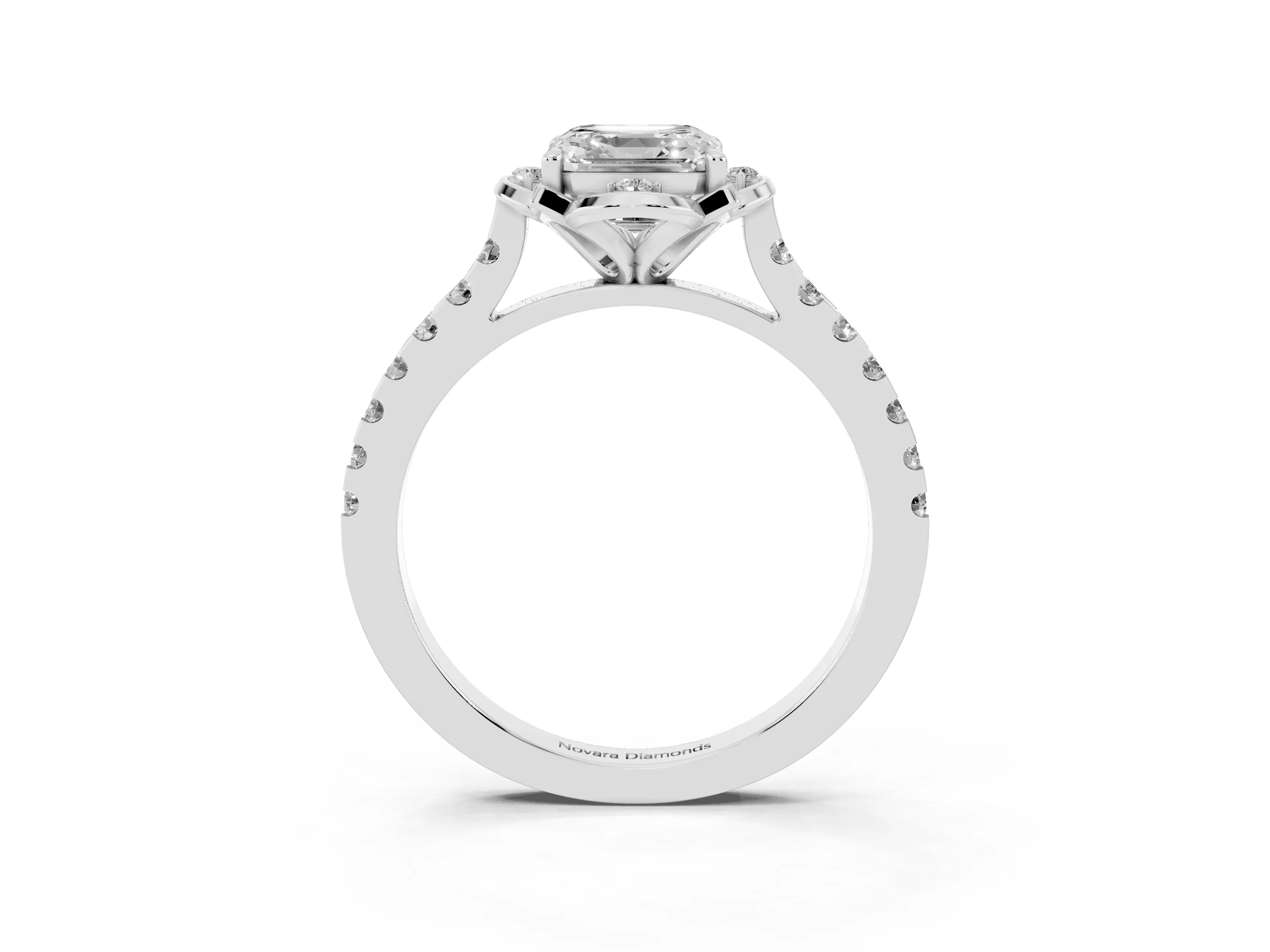 Asscher Cut Diamond Solitaire Ring Set in Silver with Pavé Band and Floral Prong Setting