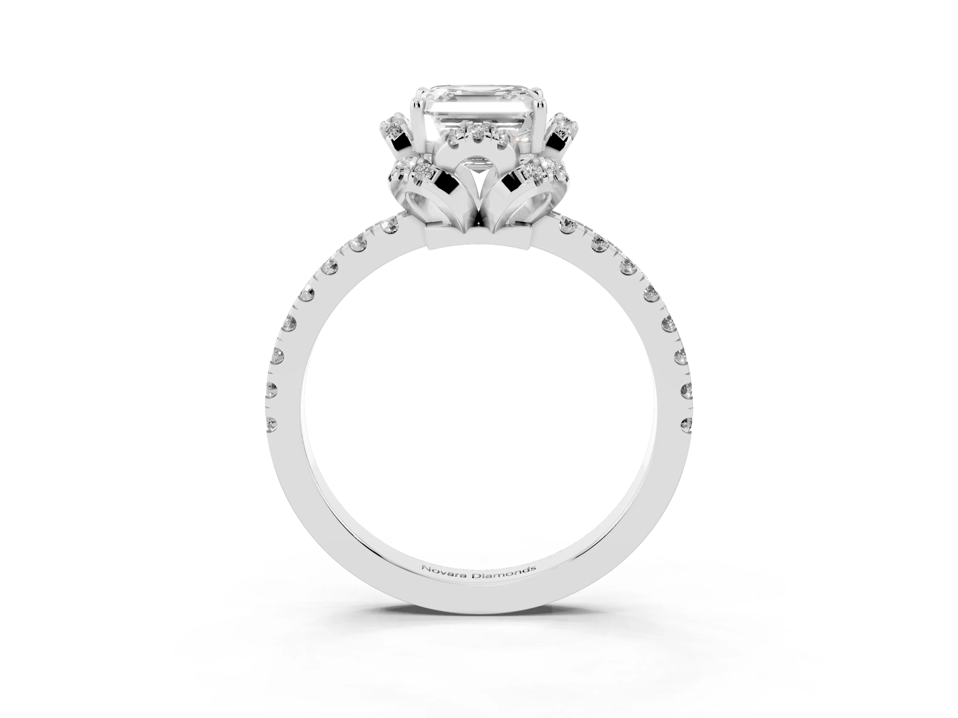 Asscher Cut Diamond Halo Pavé Ring Set in White gold with Prong-Held Center Stone