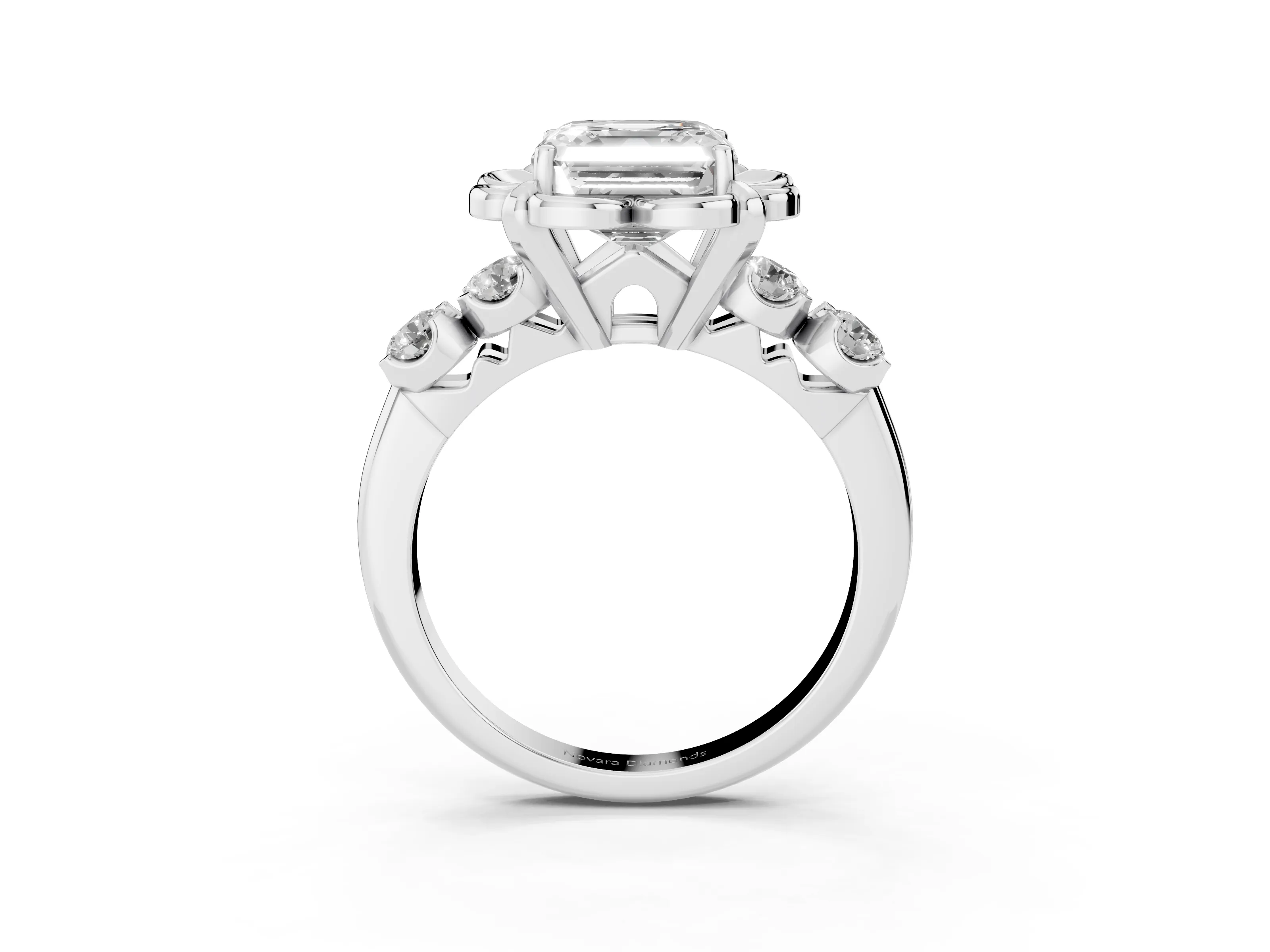 Asscher Cut Diamond Floral Halo Ring Set in Silver with Shared Prong Band
