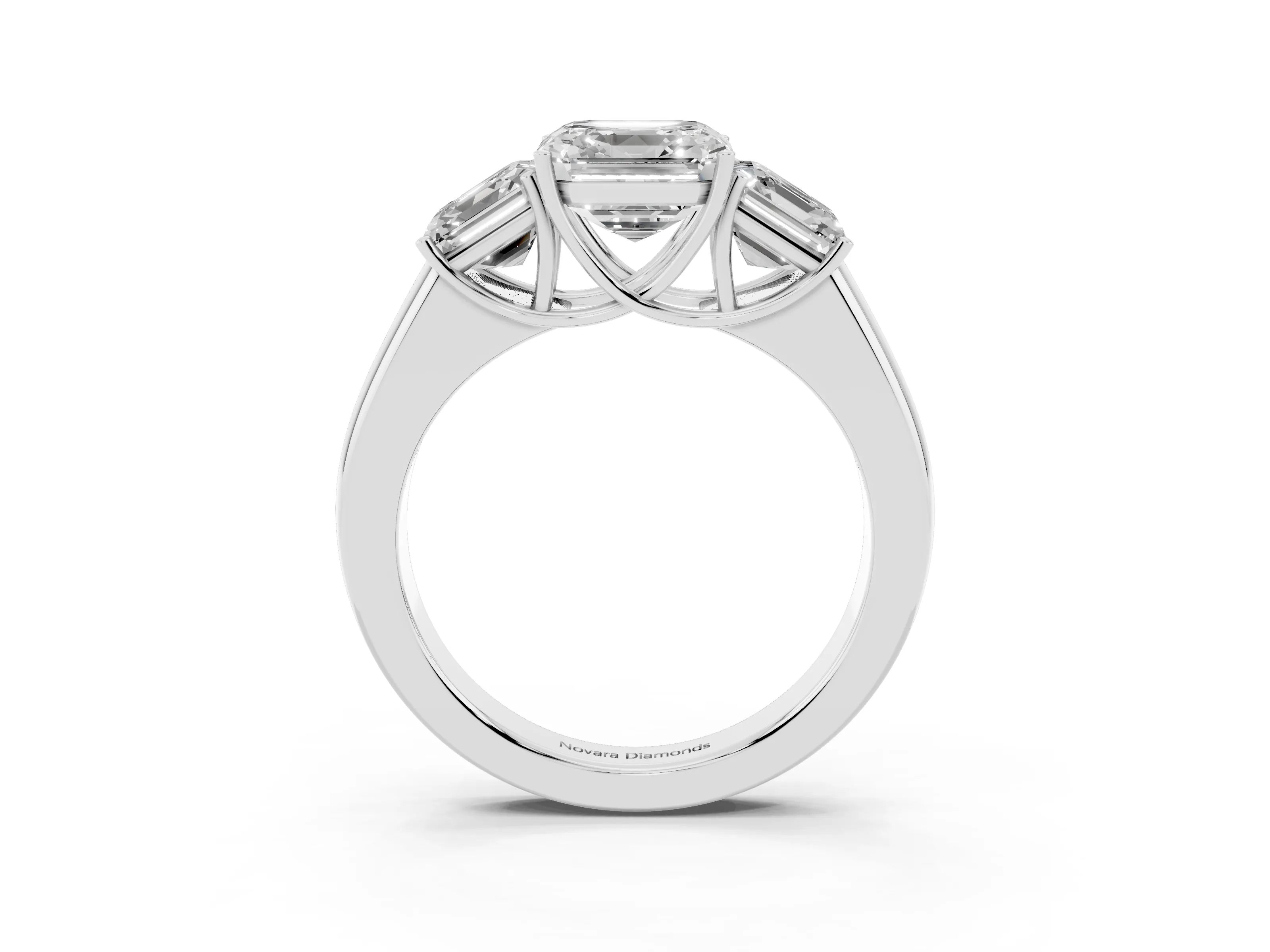 Three-Stone Asscher Cut Diamond Ring Set in White gold with Matching Prong Settings and Plain Band