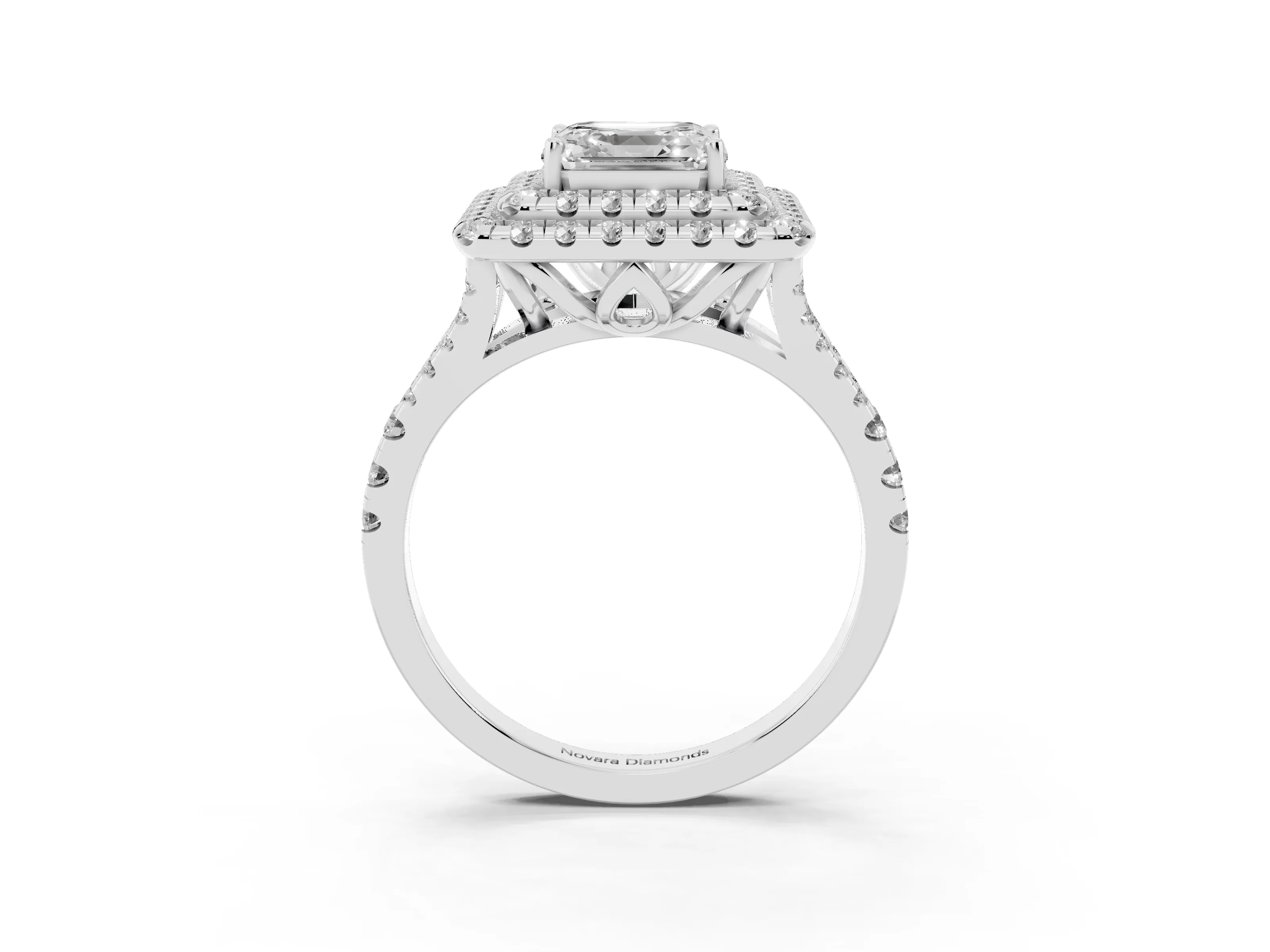 Asscher Cut Diamond Double Halo Ring Set in Platinum with Pavé Split Shank and Prong Setting