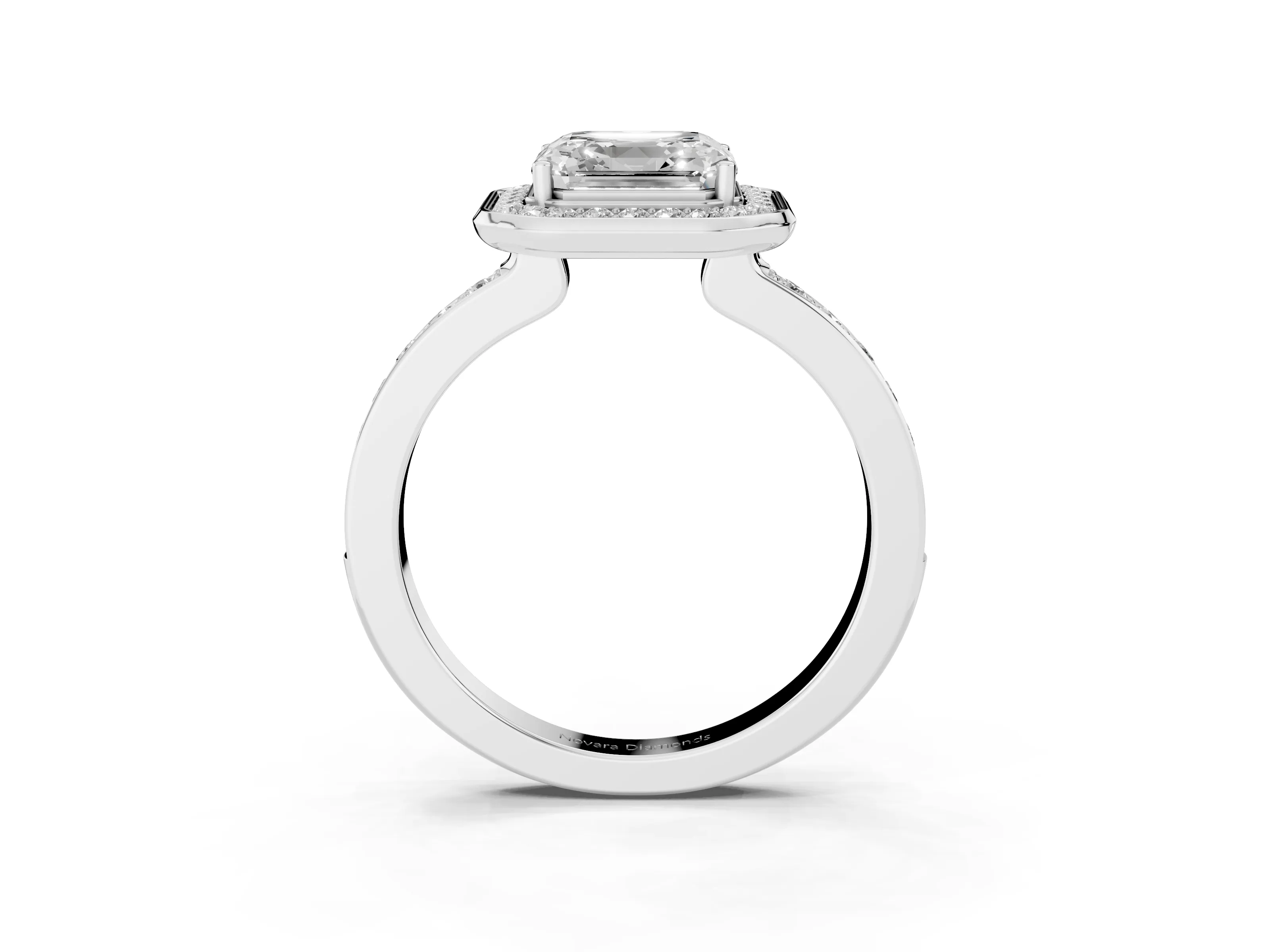 Asscher Cut Diamond Halo Ring Set in White gold with Bezel Frame and Pavé Band