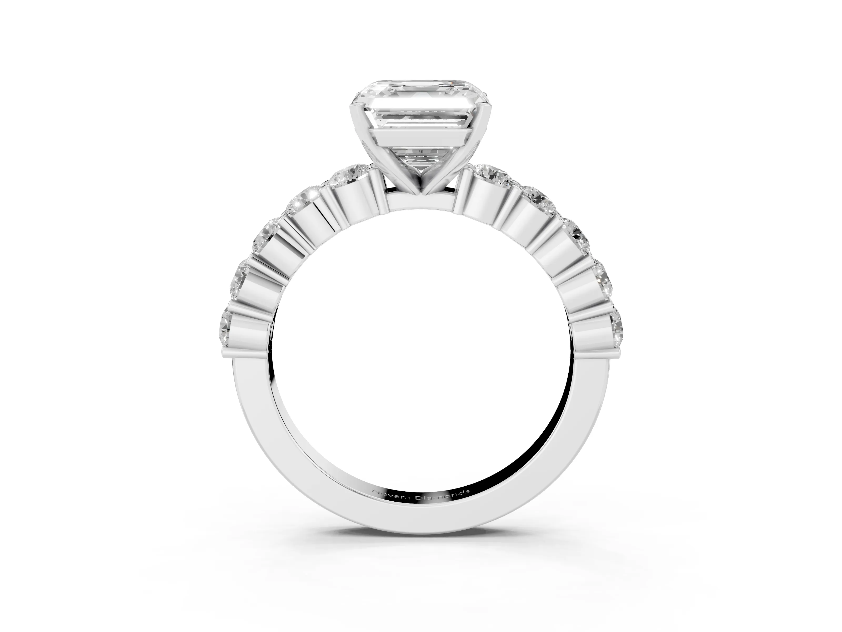 Asscher Cut Diamond Solitaire Ring Set in Silver with Shared Prong Round Side Stones