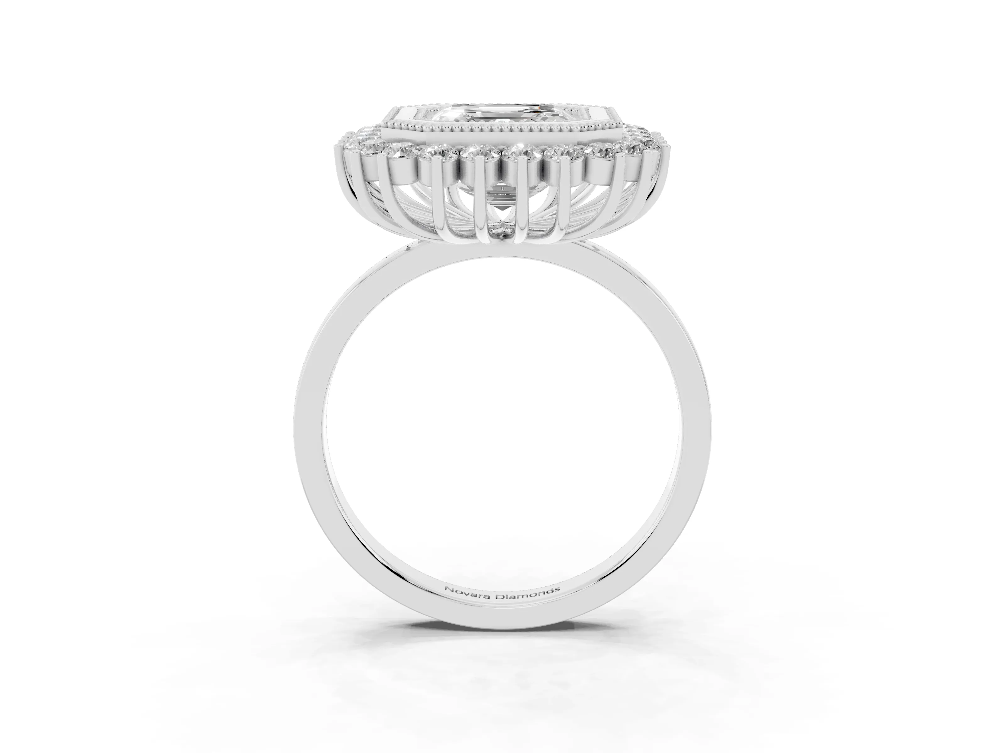Asscher Cut Diamond Halo Ring Set in Platinum with Milgrain Edge and Round Prong Setting