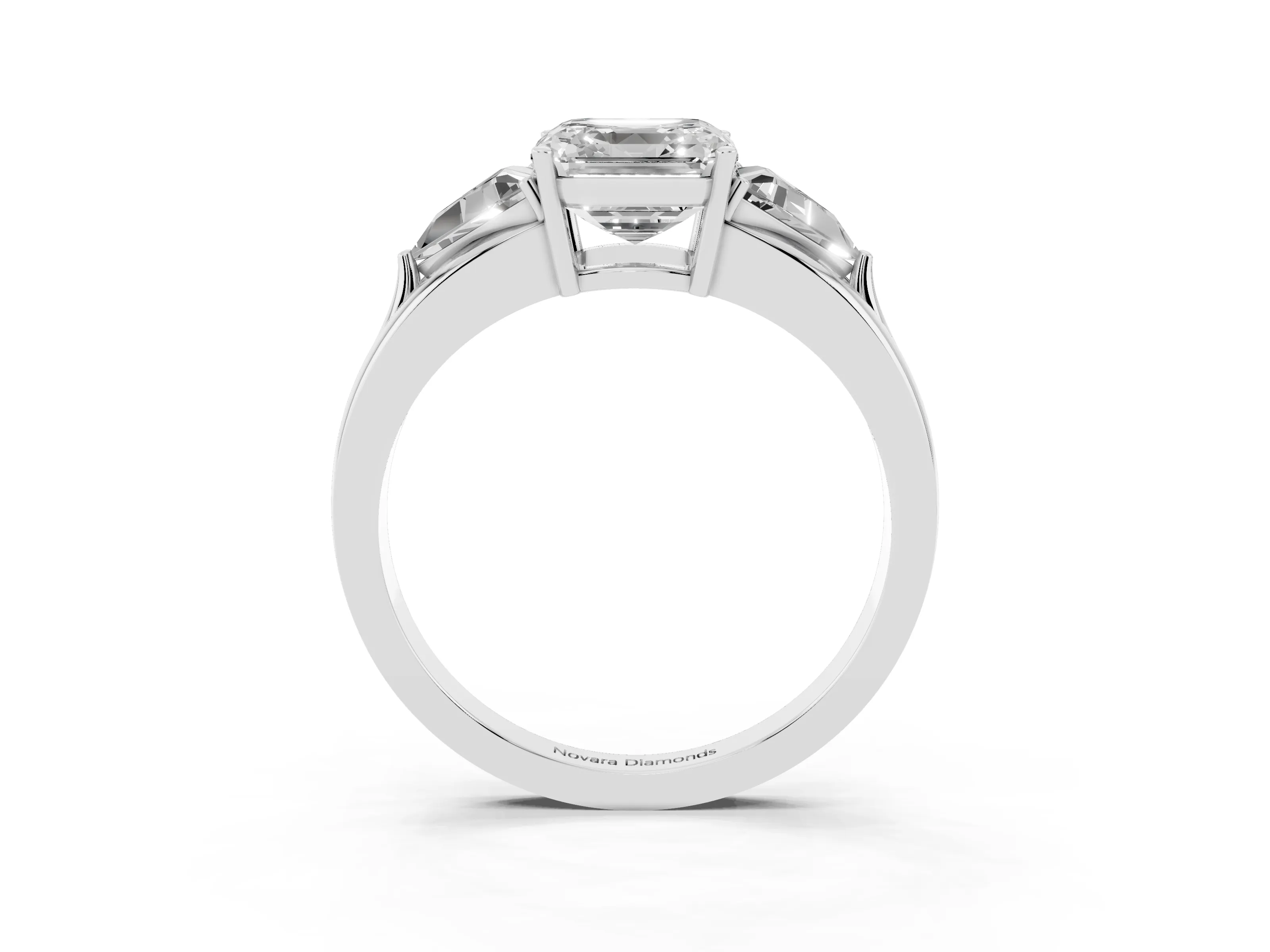 Asscher Cut Diamond Three-Stone Ring Set in Platinum with Trillion Side Stones and Split Shank