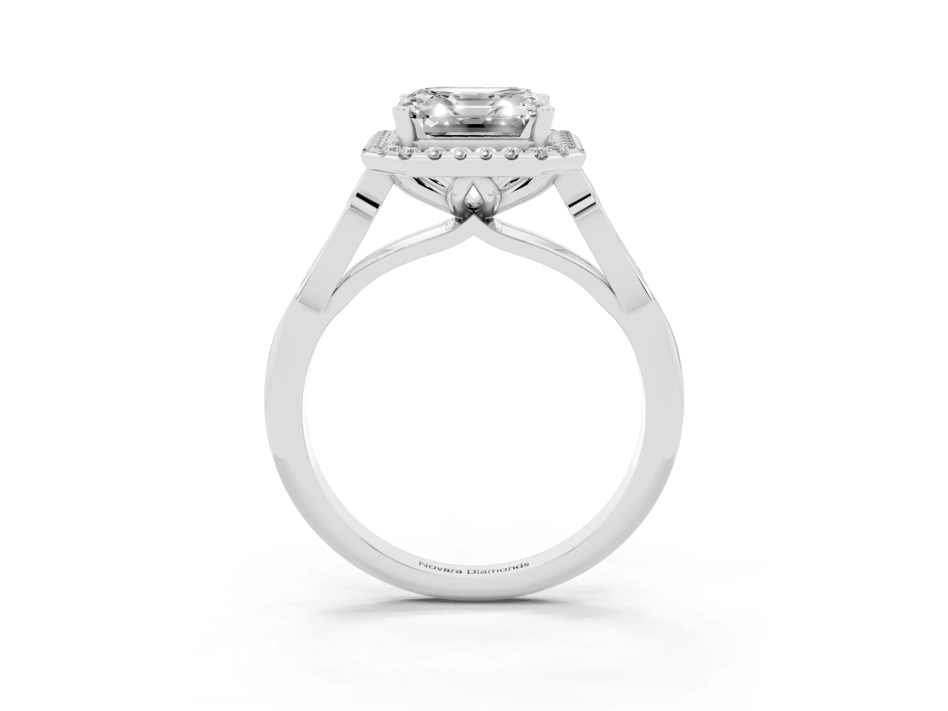 Asscher Cut Diamond Halo Engagement Ring Set in White gold with Filigree Band and Prong-Set Center