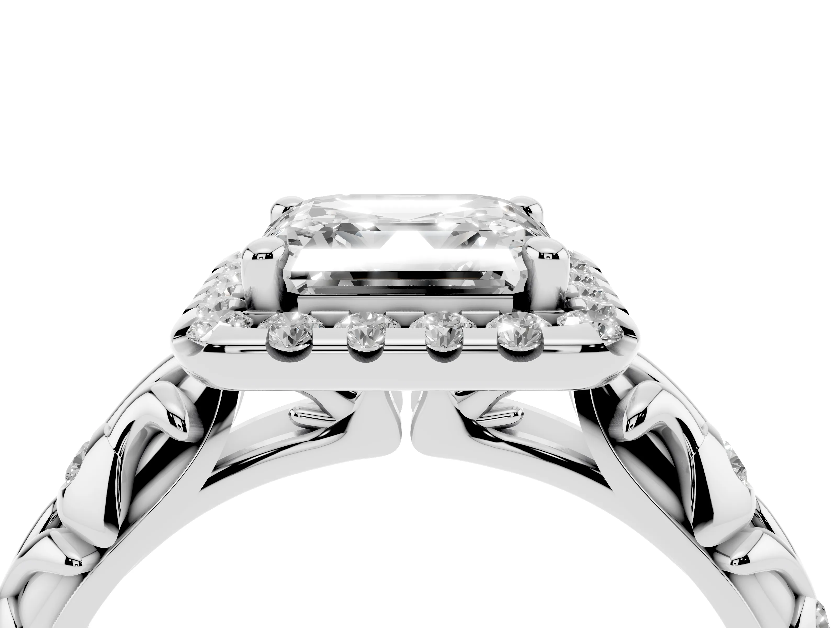 Asscher Cut Diamond Halo Ring Set in Silver with Filigree Leaf Band and Prong Setting