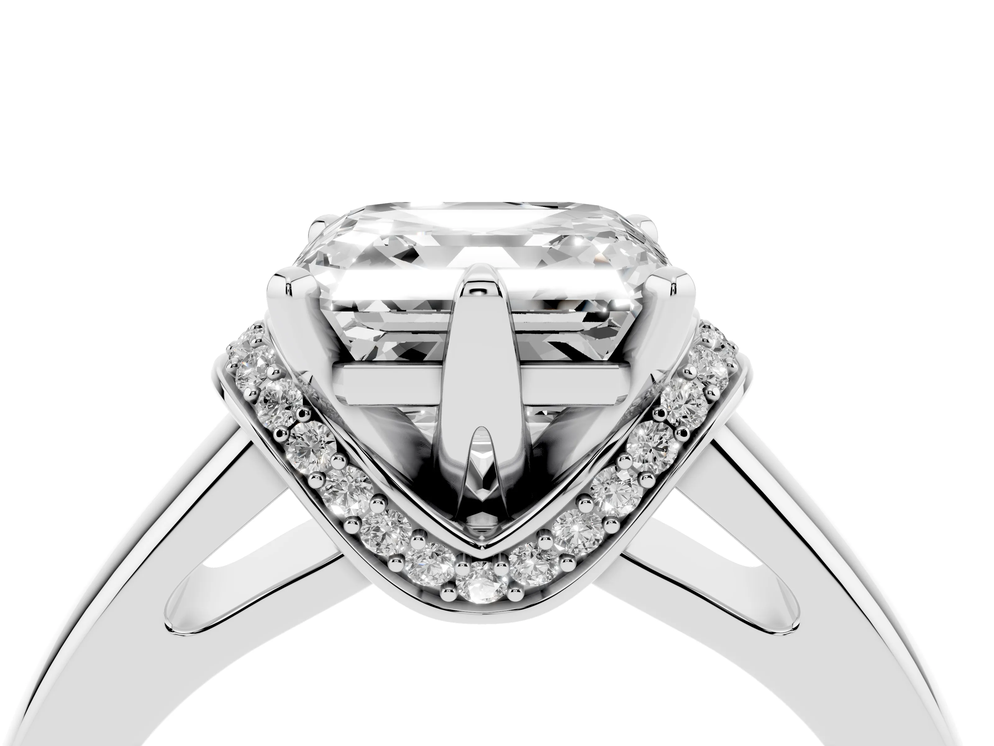 Asscher Cut Diamond Pavé Band Solitaire Ring Set in Silver with Prong Setting