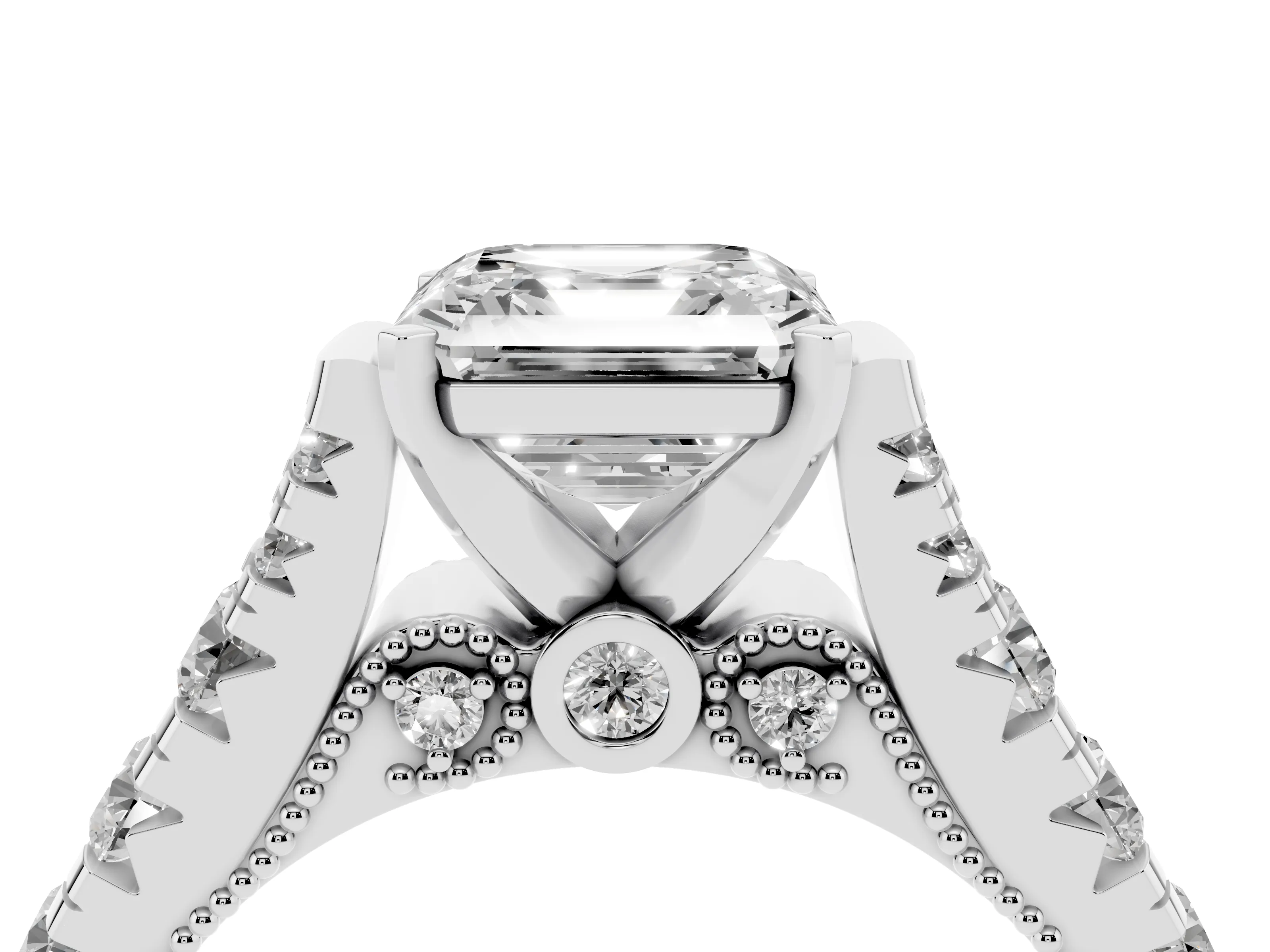 Asscher Cut Diamond Classic Solitaire Ring Set in Platinum with Pavé Band and Prong Setting