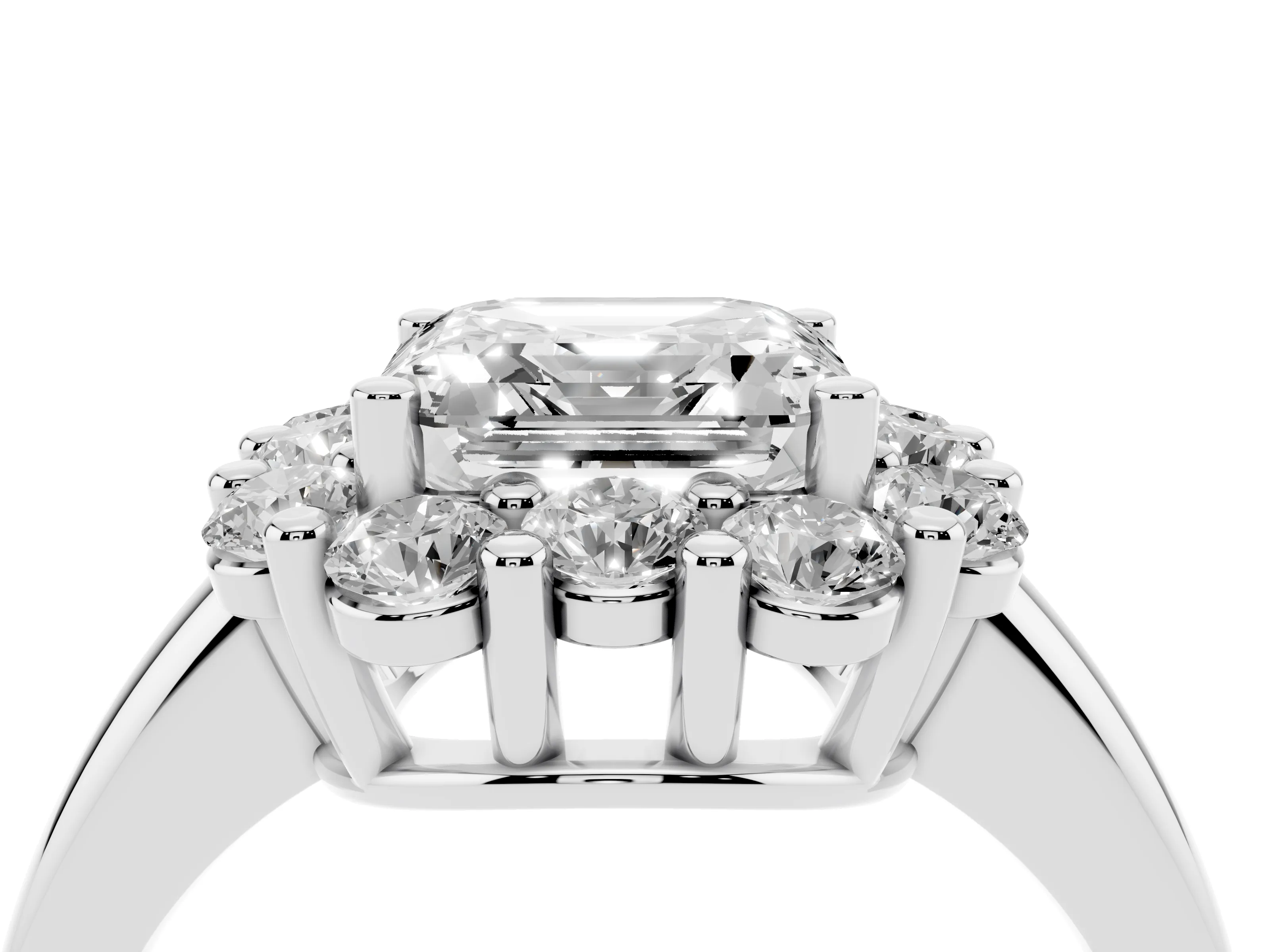 Asscher Cut Diamond Halo Cluster Engagement Ring Set in Silver with Polished Band and Prong Setting