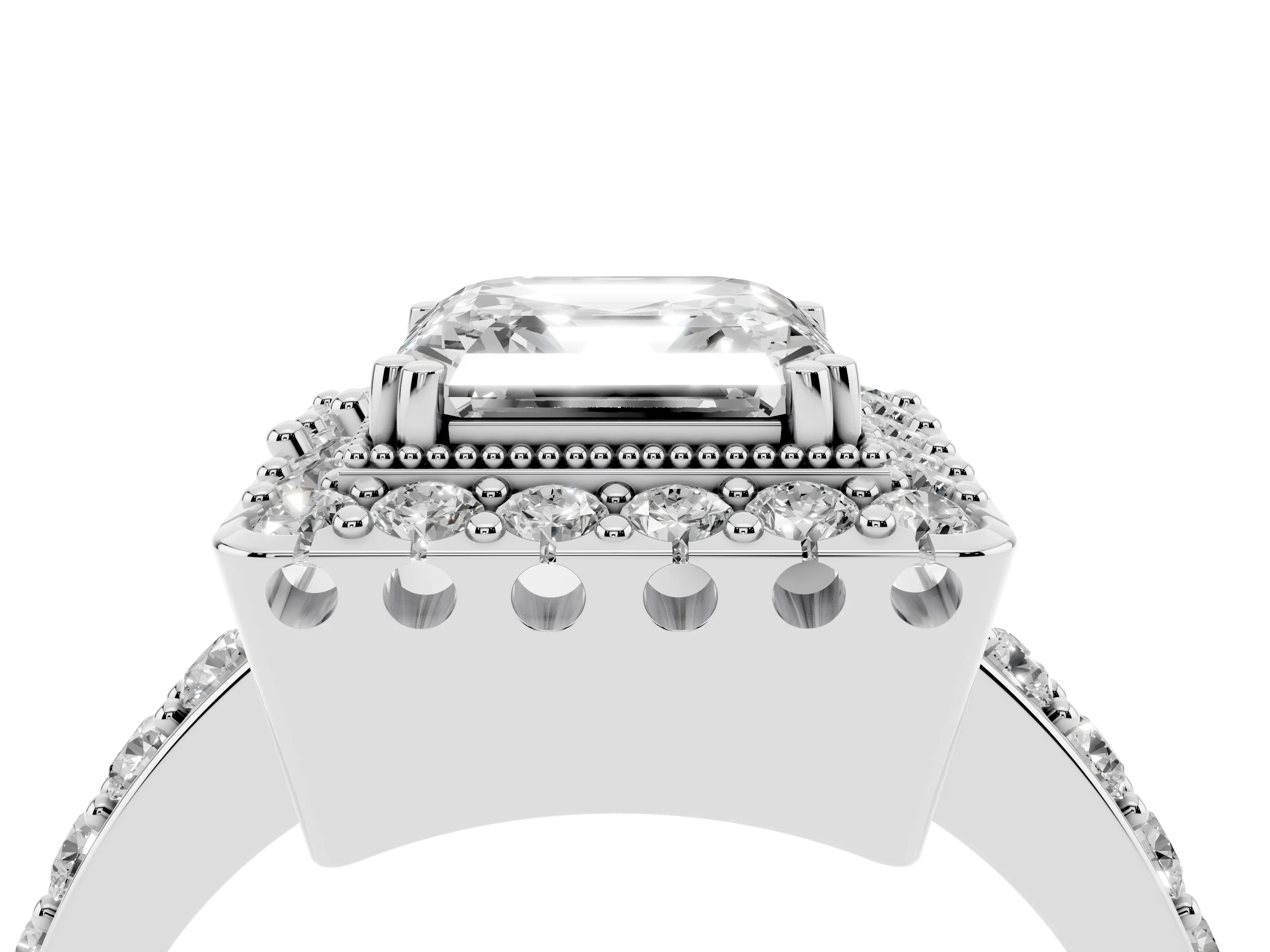 Asscher Cut Diamond Halo Ring Set in White gold with Pavé Shank and Prong Setting
