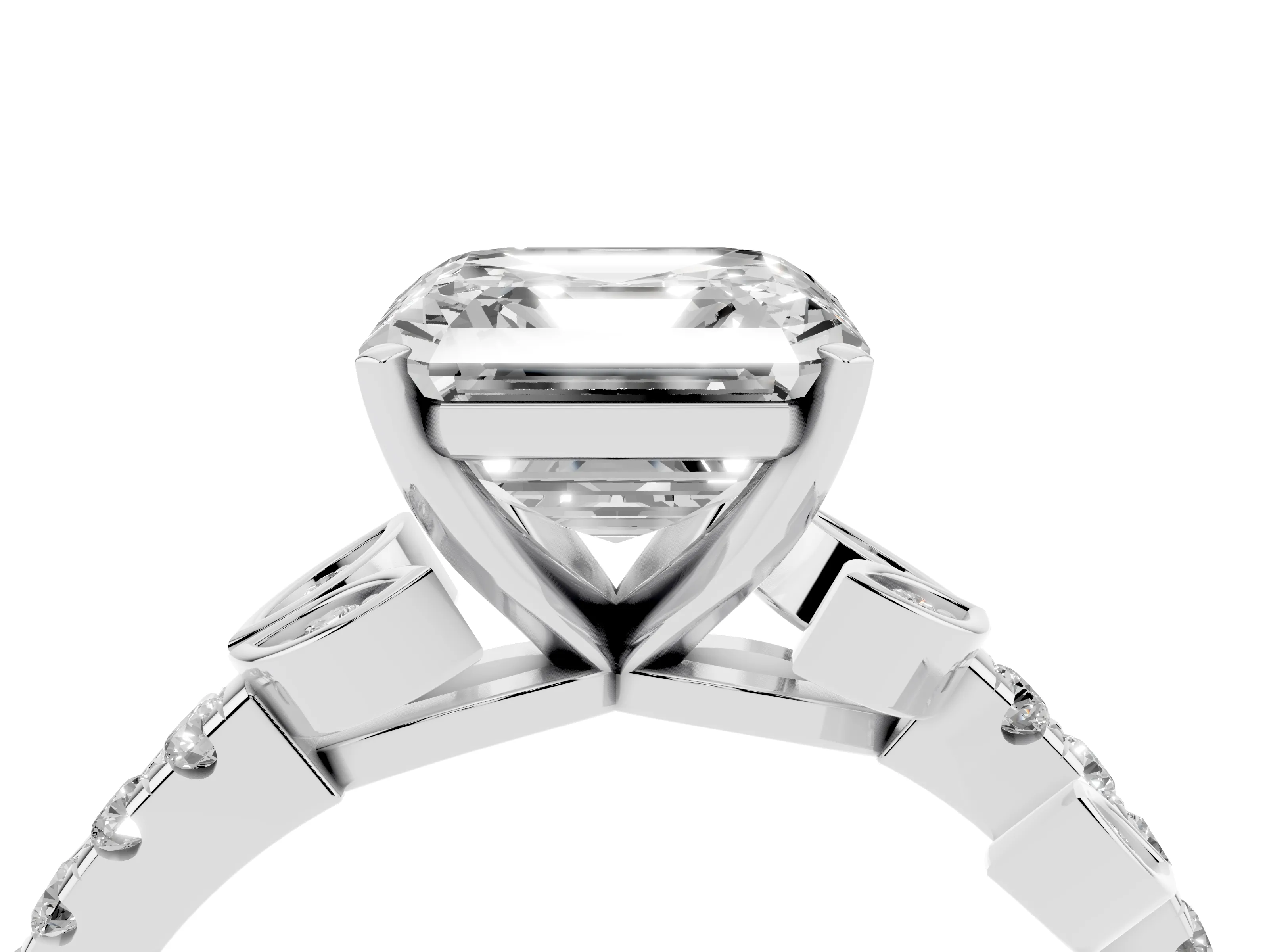 Asscher Cut Diamond Solitaire Leaf-Inspired Ring Set in Platinum with Pavé Band and Prong Setting
