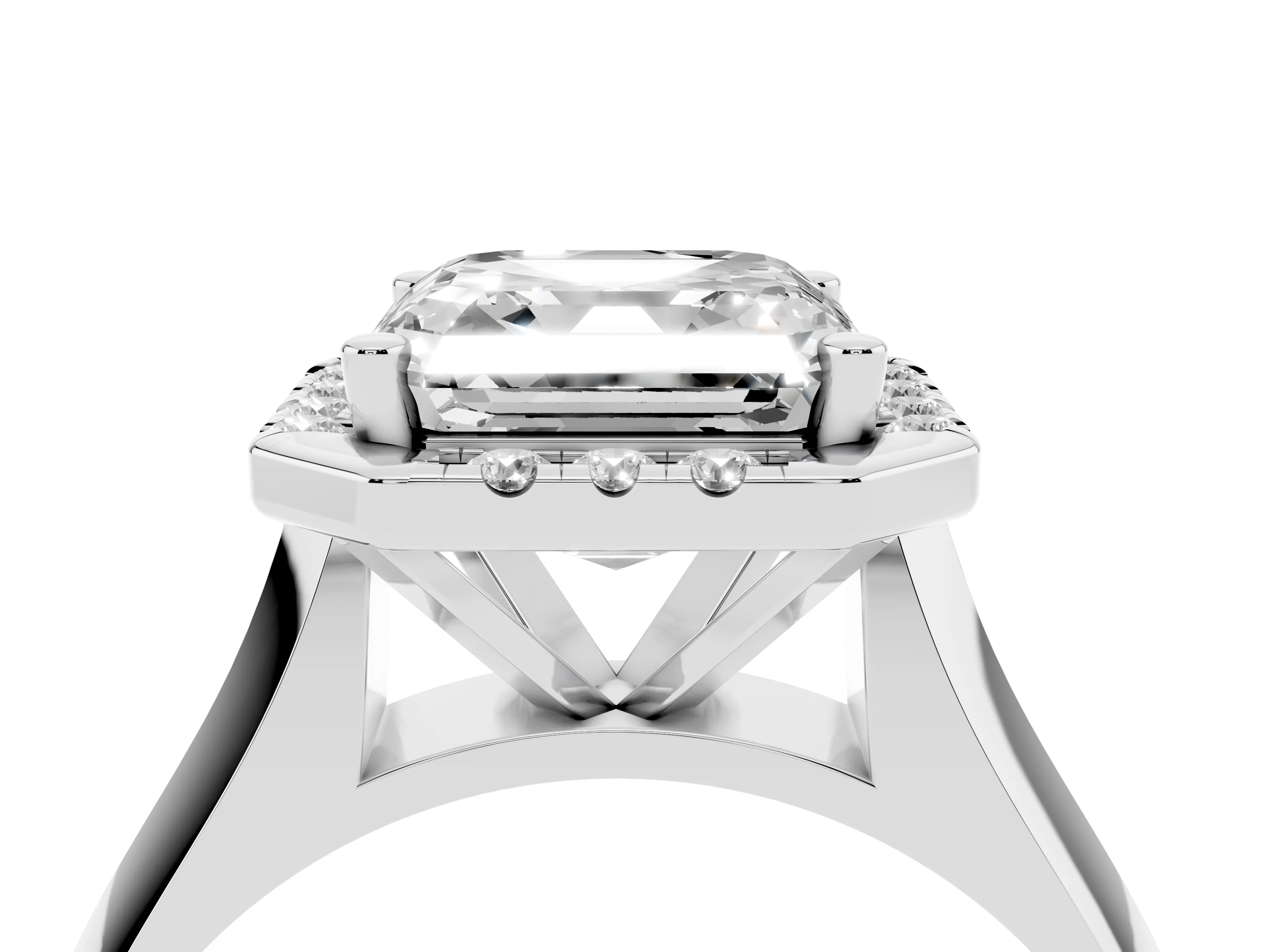 Asscher Cut Diamond Halo Solitaire Engagement Ring Set in Silver with Square Band and Prong Setting