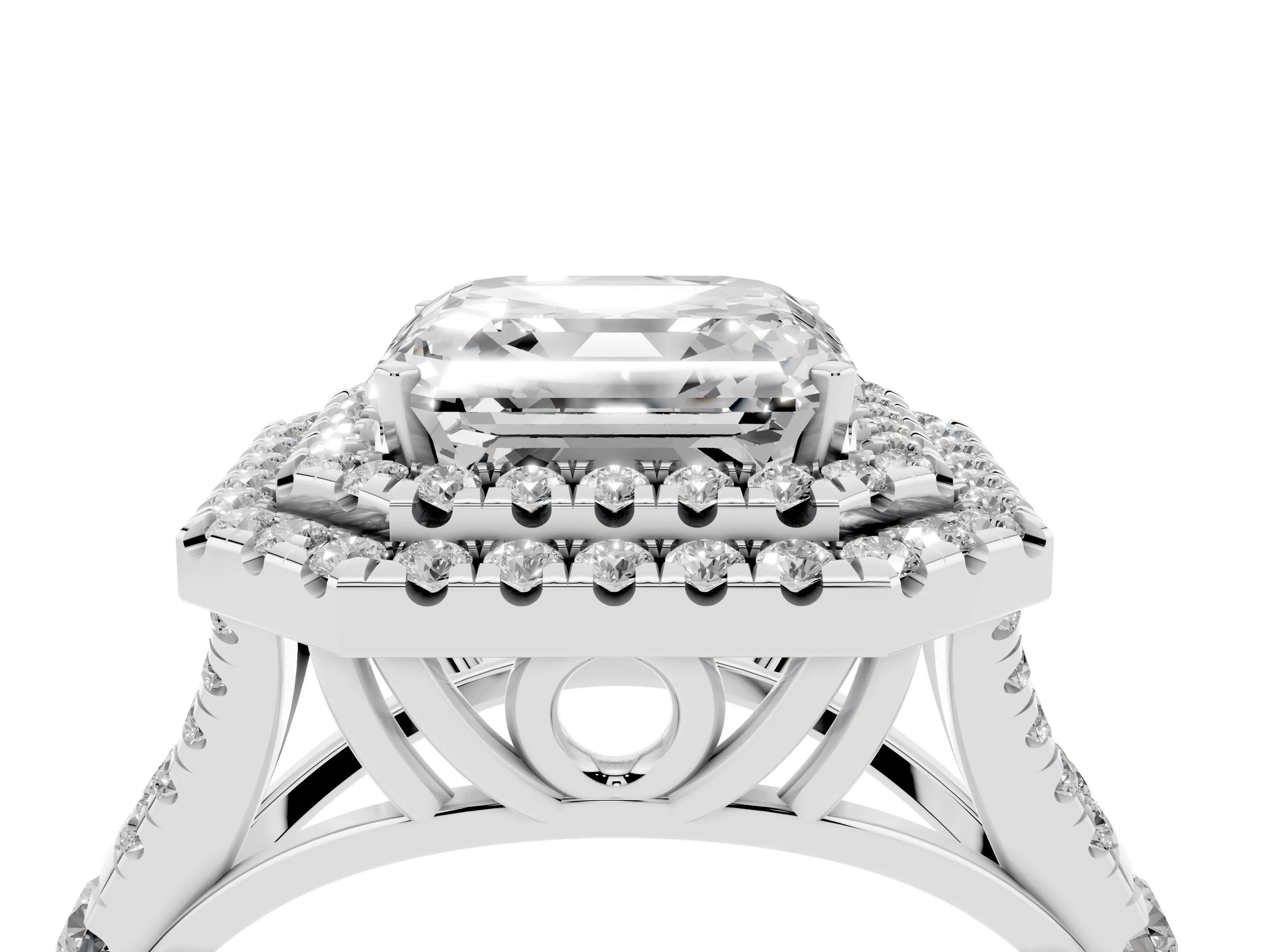 Asscher Cut Diamond Pavé Split Shank Double Halo Engagement Ring Set in Platinum
