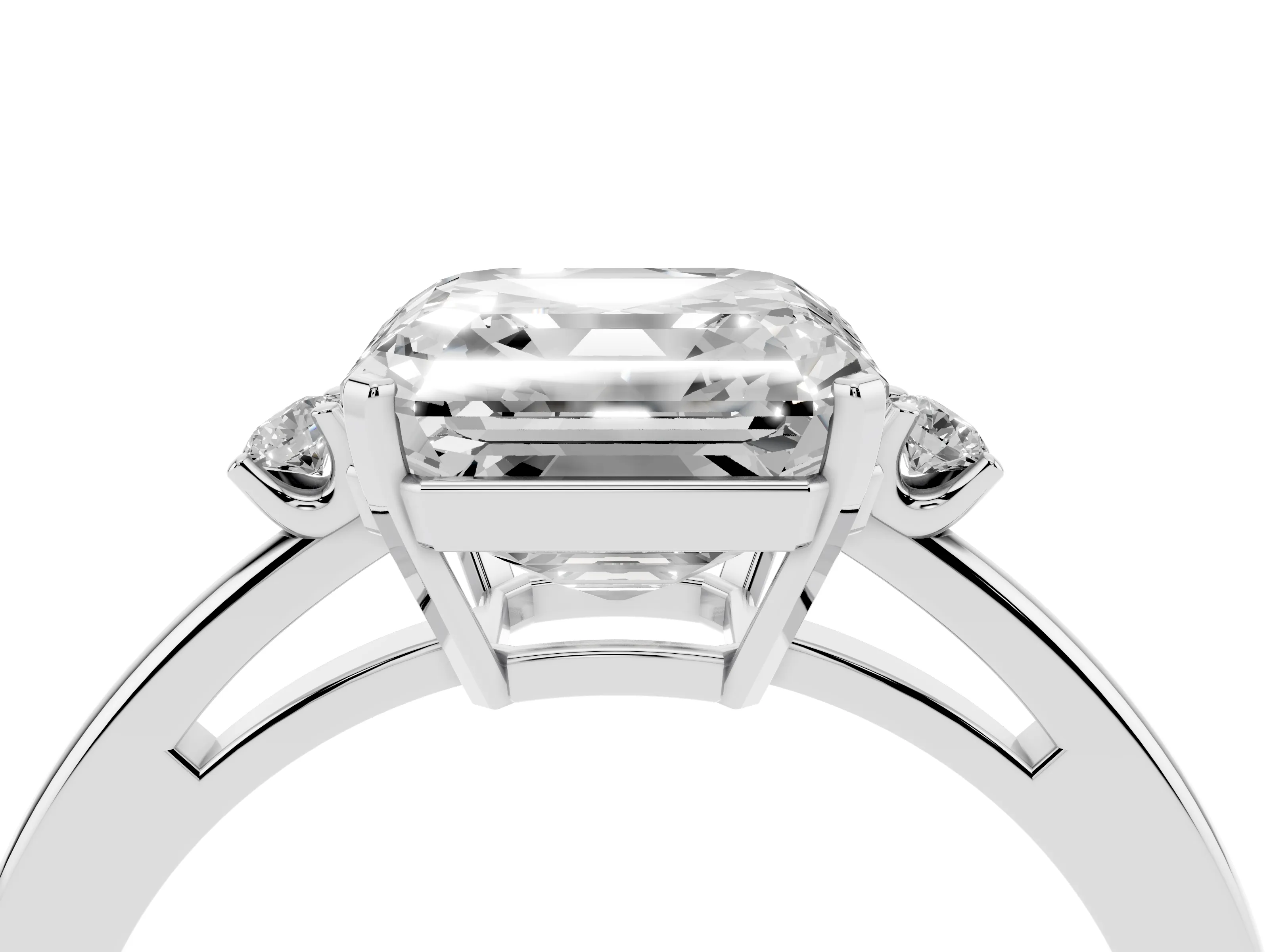 Three-Stone Asscher Cut Diamond Solitaire Ring Set in Silver with Round Accent Stones and Prong Setting
