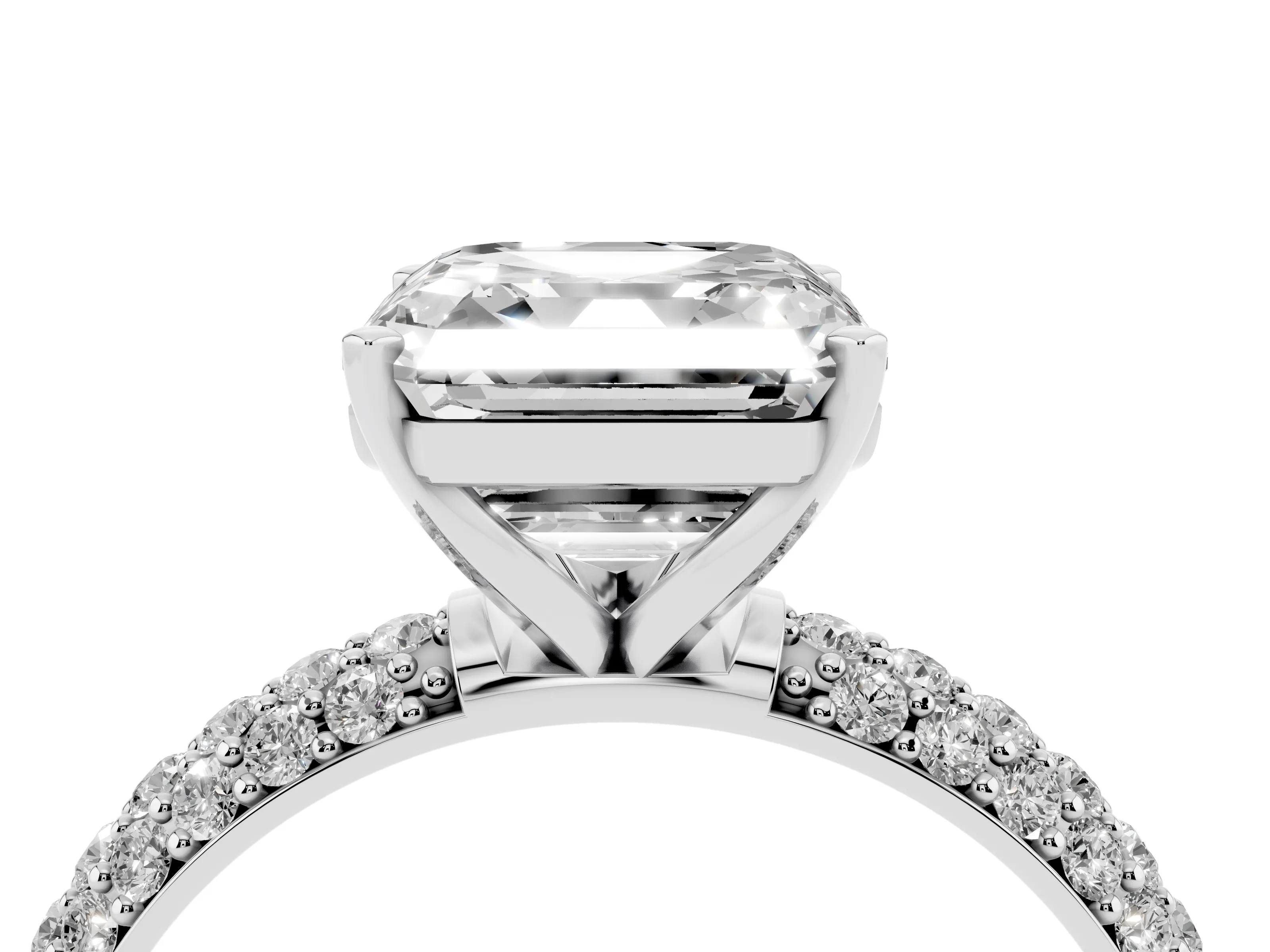 Asscher Cut Diamond Solitaire Ring Set in White gold with Prong Setting and Pavé-Set Band