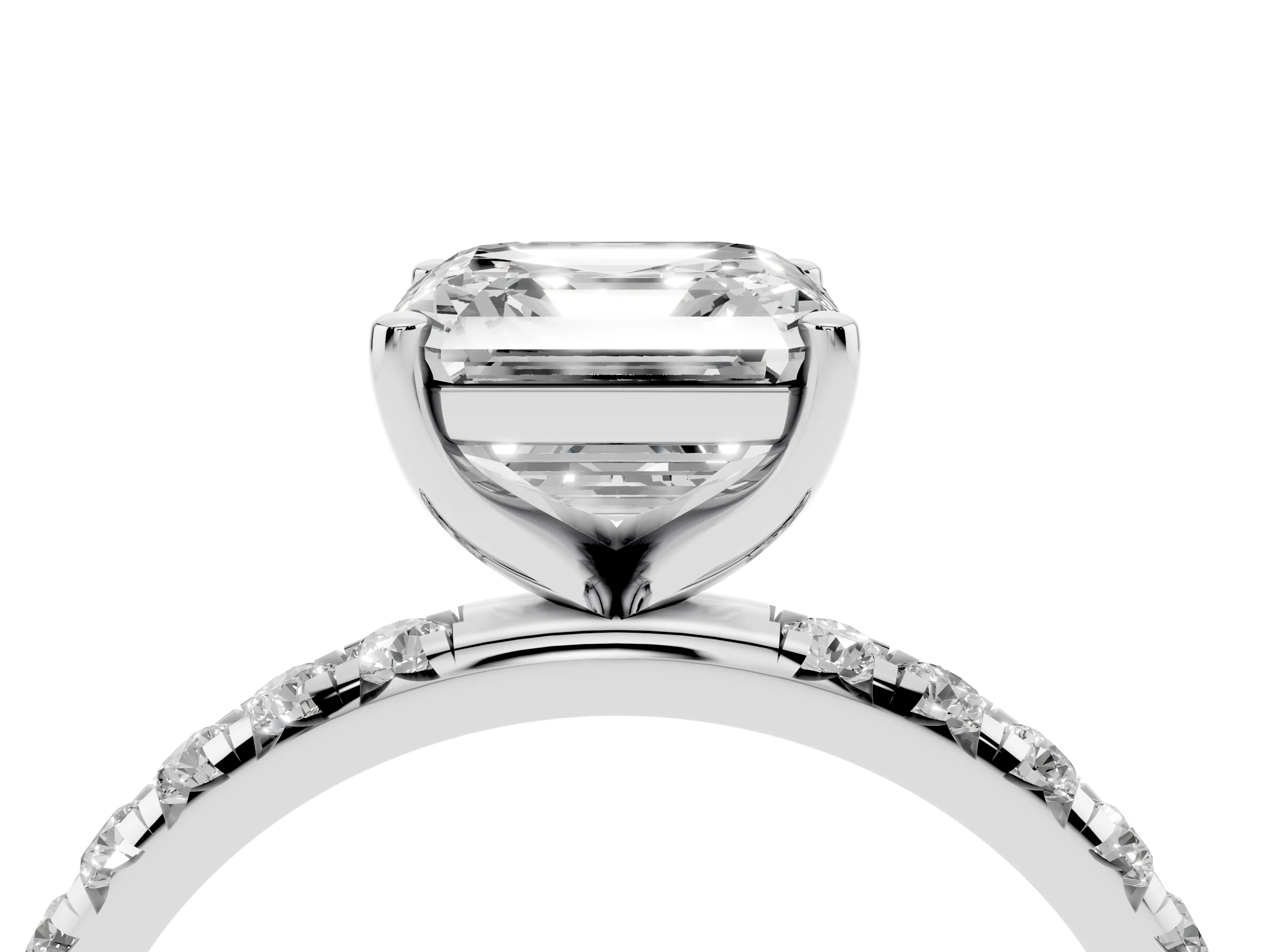 Asscher Cut Diamond Solitaire Ring Set in Platinum with Micro Pavé Band and Prong Setting