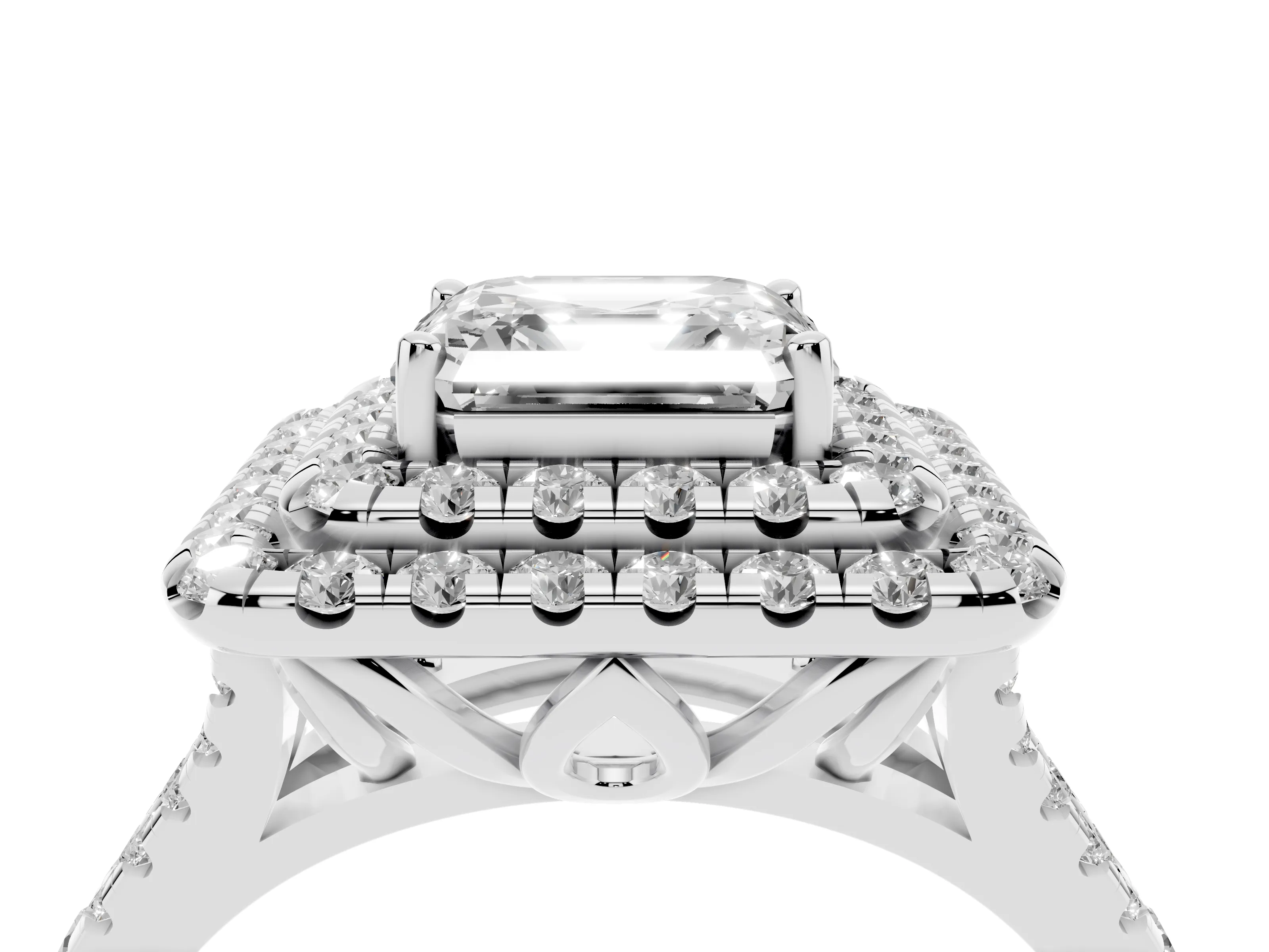 Asscher Cut Diamond Double Halo Ring Set in Platinum with Pavé Split Shank and Prong Setting
