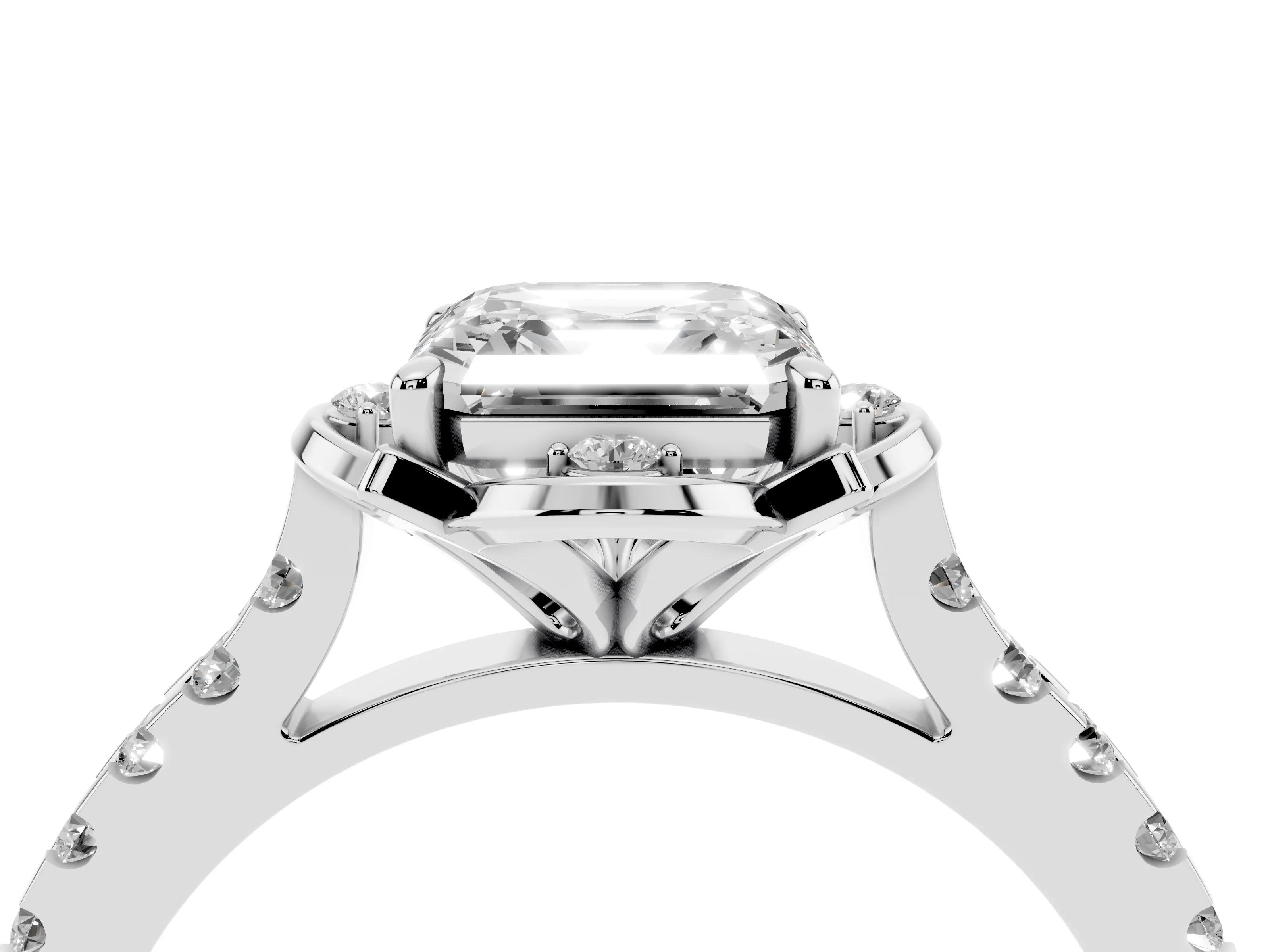Asscher Cut Diamond Solitaire Ring Set in Silver with Pavé Band and Floral Prong Setting