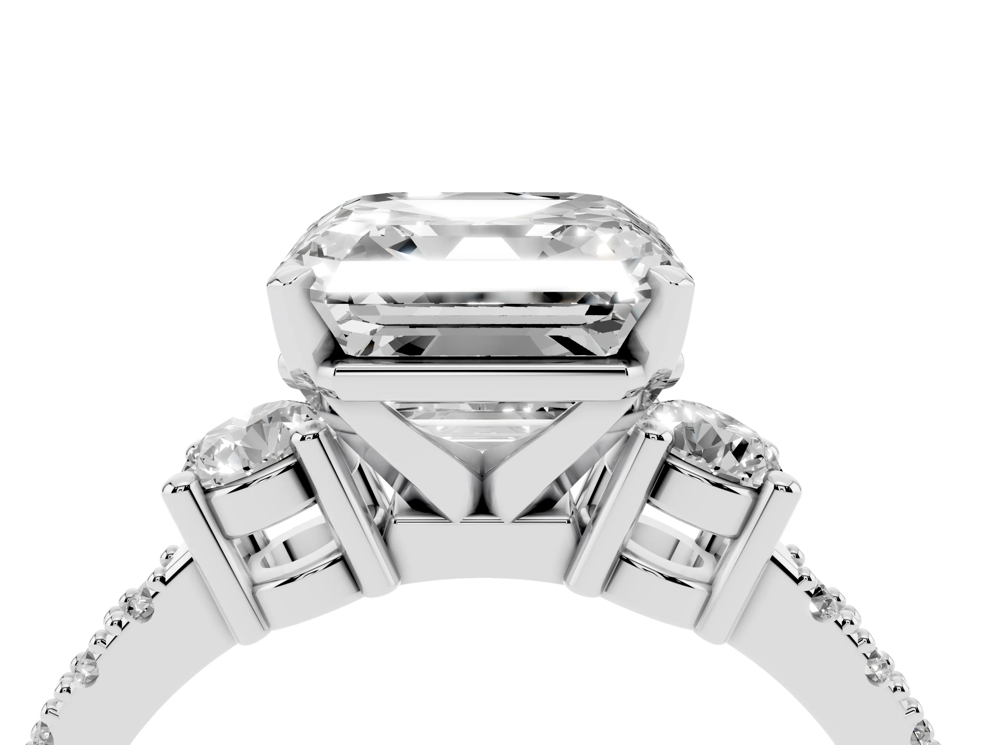 Three-Stone Asscher Cut Diamond Pavé Band Ring Set in Silver with Prong Setting