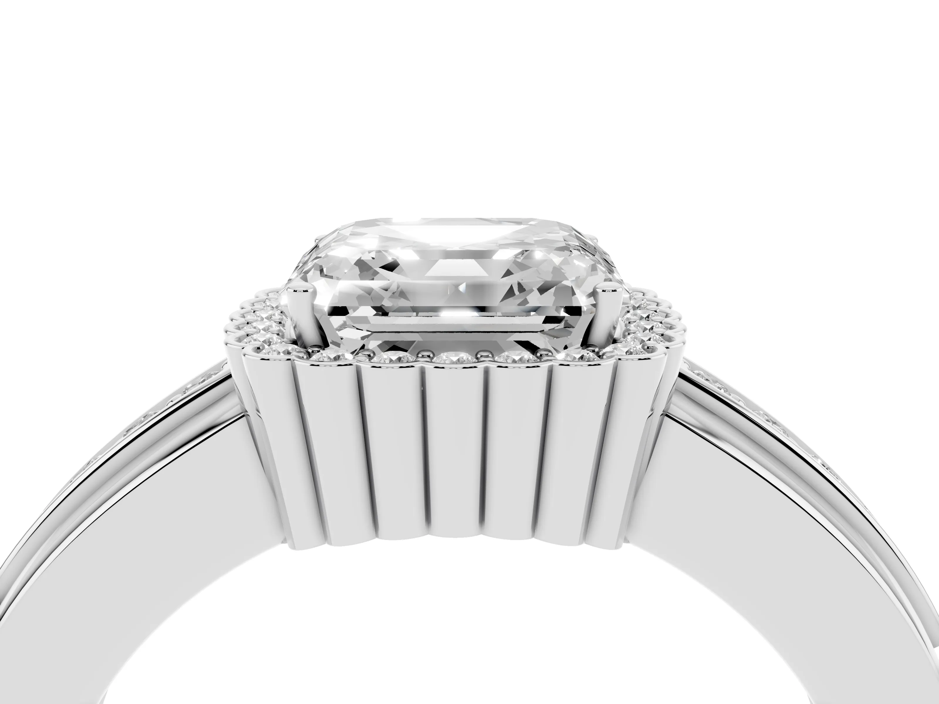 Asscher Cut Diamond Halo Prong Ring Set in Platinum with Pavé Band