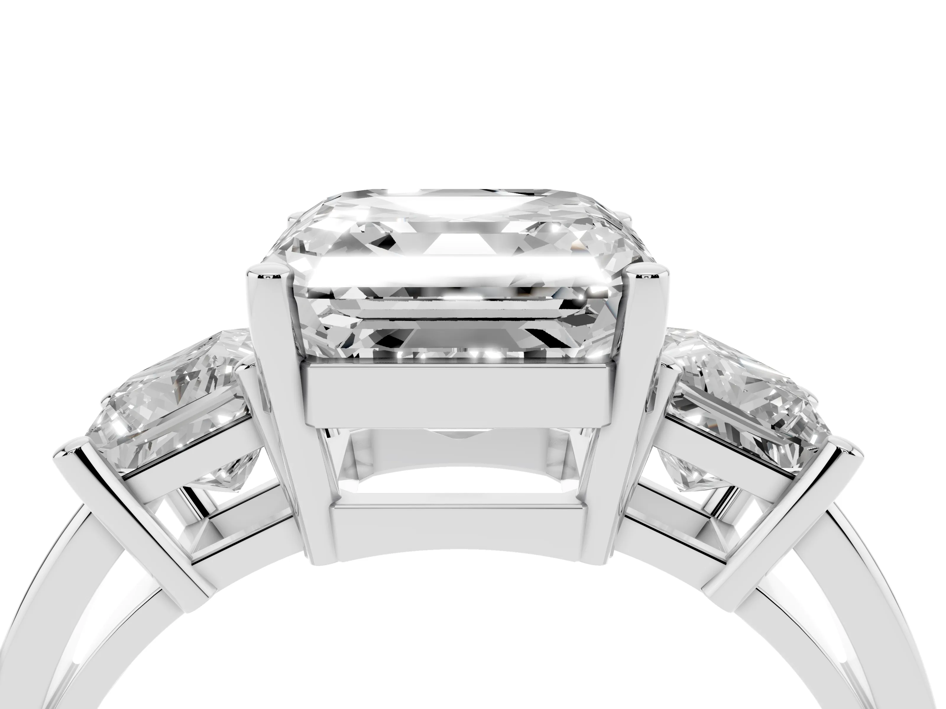 Three-Stone Asscher Cut Diamond Solitaire Ring Set in Platinum with Prong Setting
