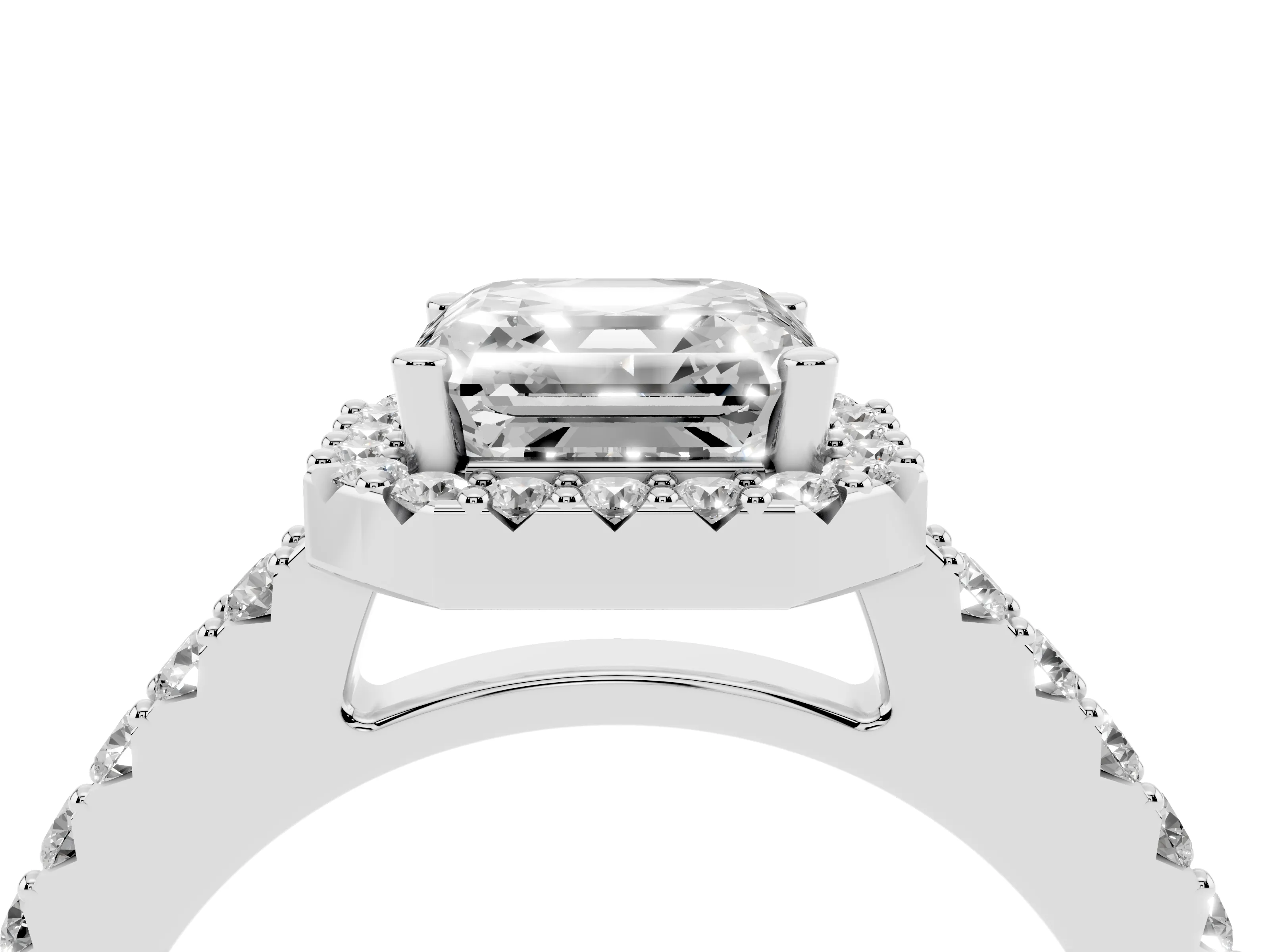 Asscher Cut Diamond Halo Pavé Solitaire Ring Set in White gold with Prong-Set Center Stone