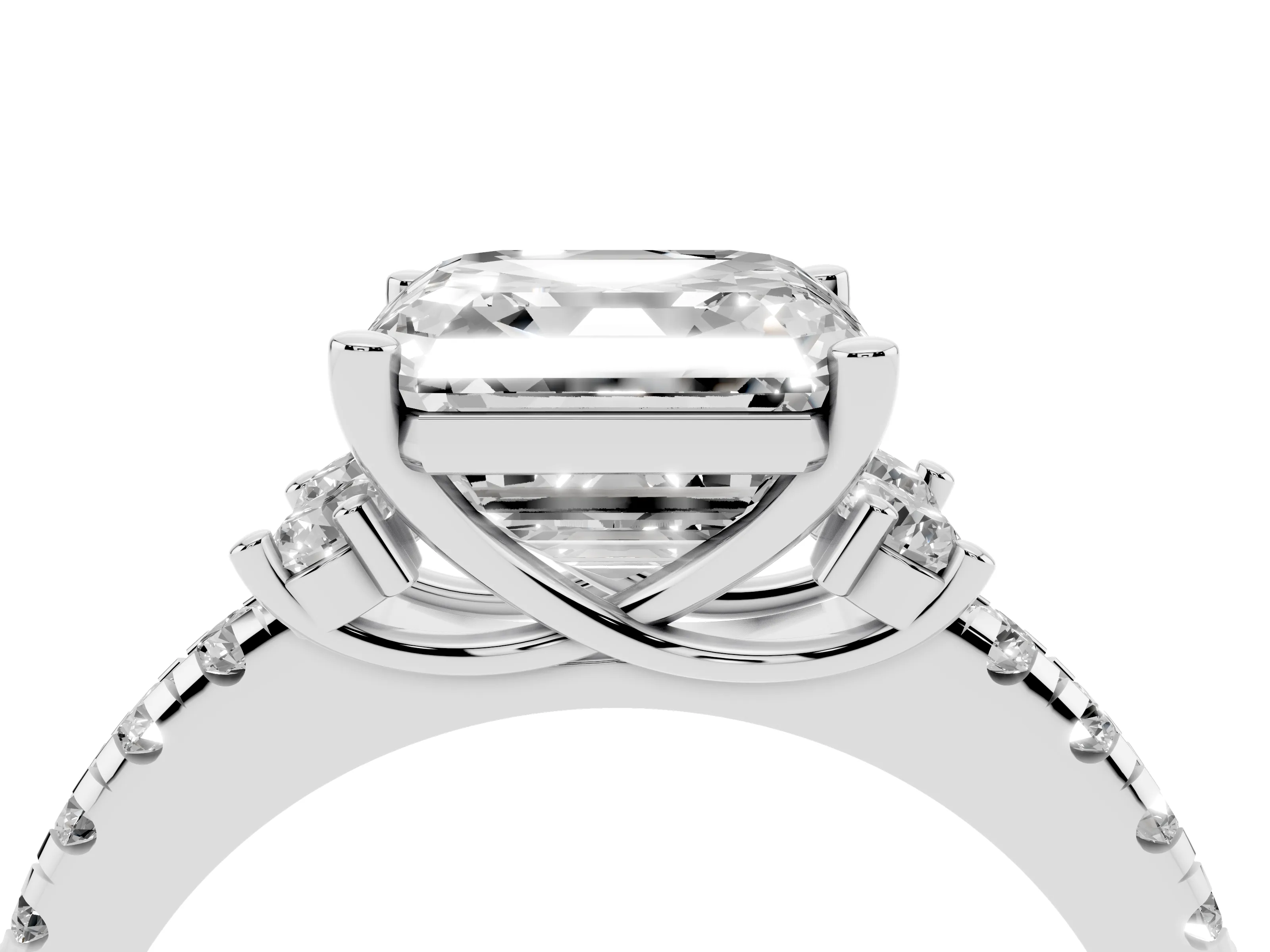 Asscher Cut Diamond Three-Stone Pavé Ring Set in Silver with Prong Setting