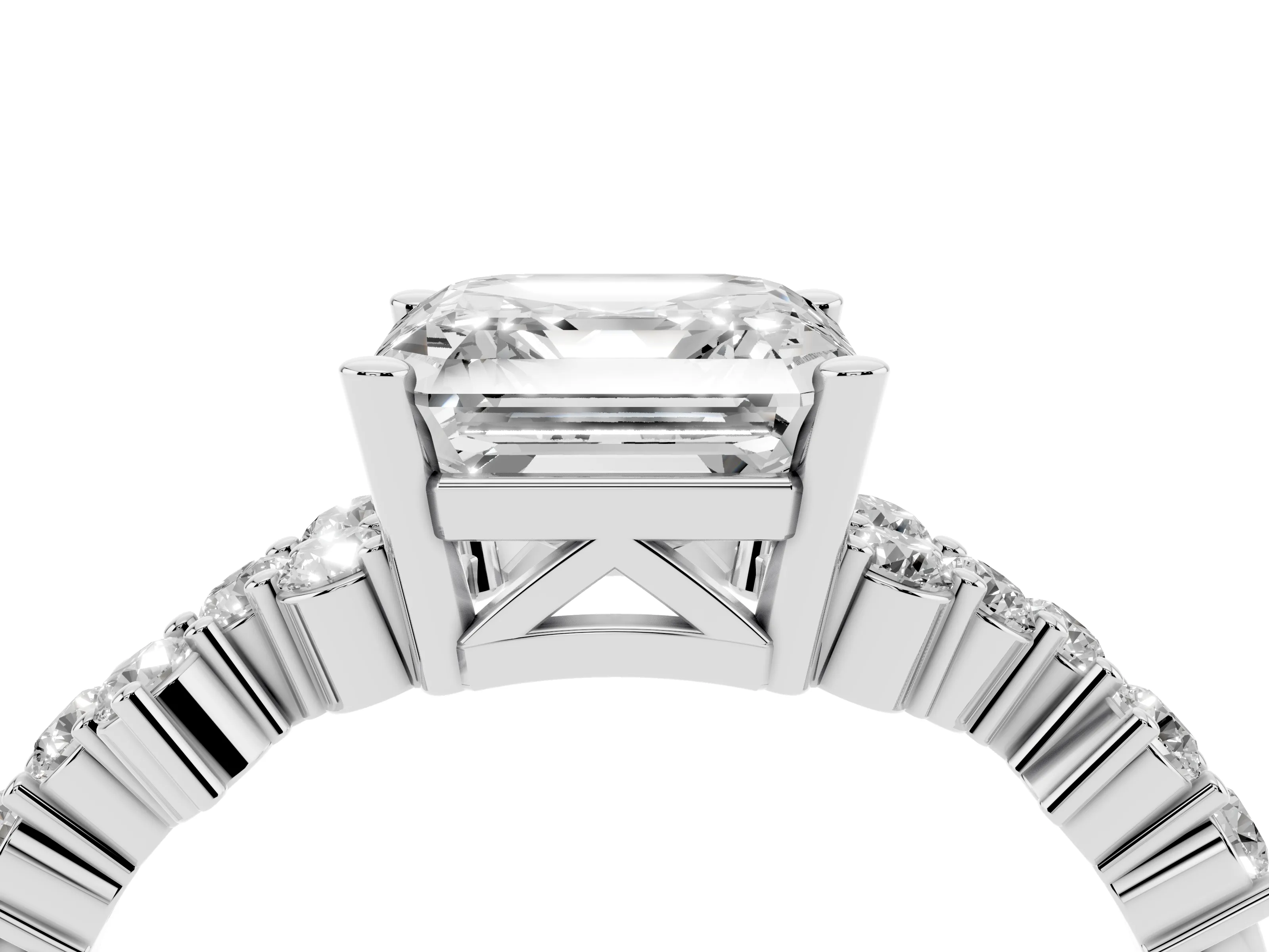 Asscher Cut Diamond Ring Set in Silver with Scattered Round Accents