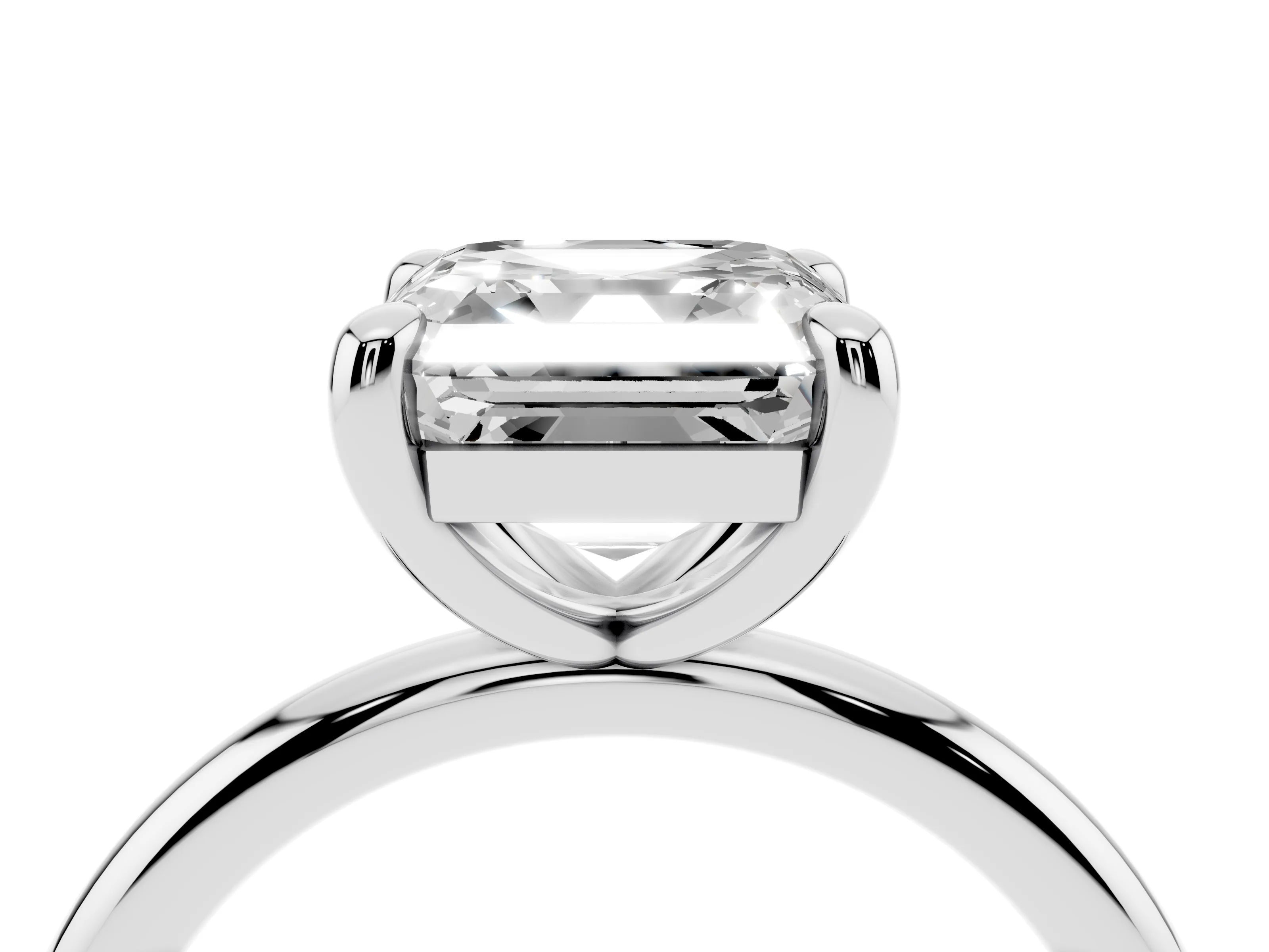 Asscher Cut Diamond Solitaire Ring Set in White gold with Prong Setting on a Polished Plain Band