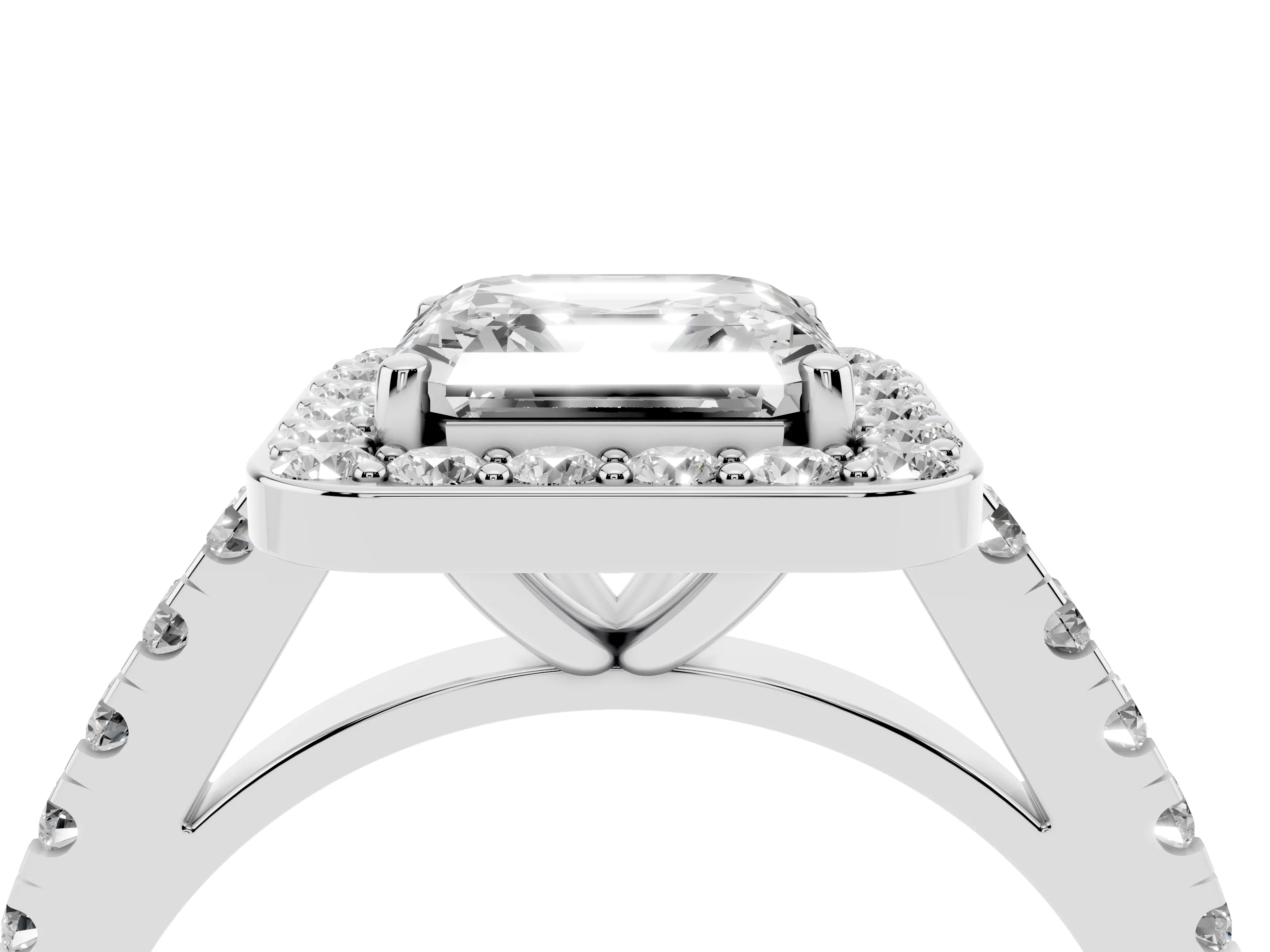 Asscher Cut Diamond Halo Ring Set in White gold with Round Pavé Split Shank and Prong Setting