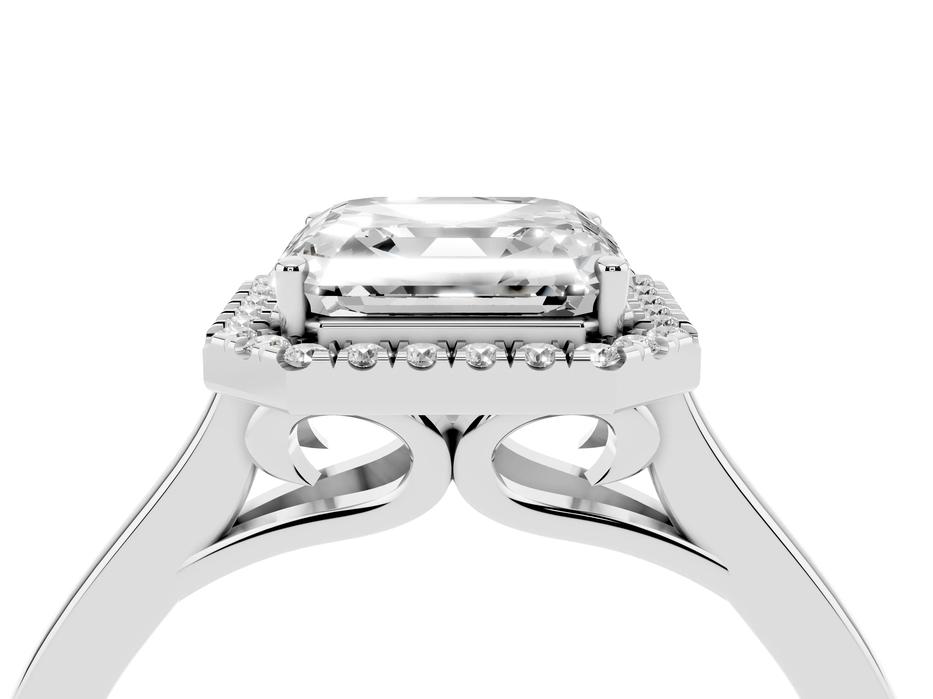 Asscher Cut Halo Round Diamond Solitaire Ring Set in Silver with Pavé Band and Prong Setting