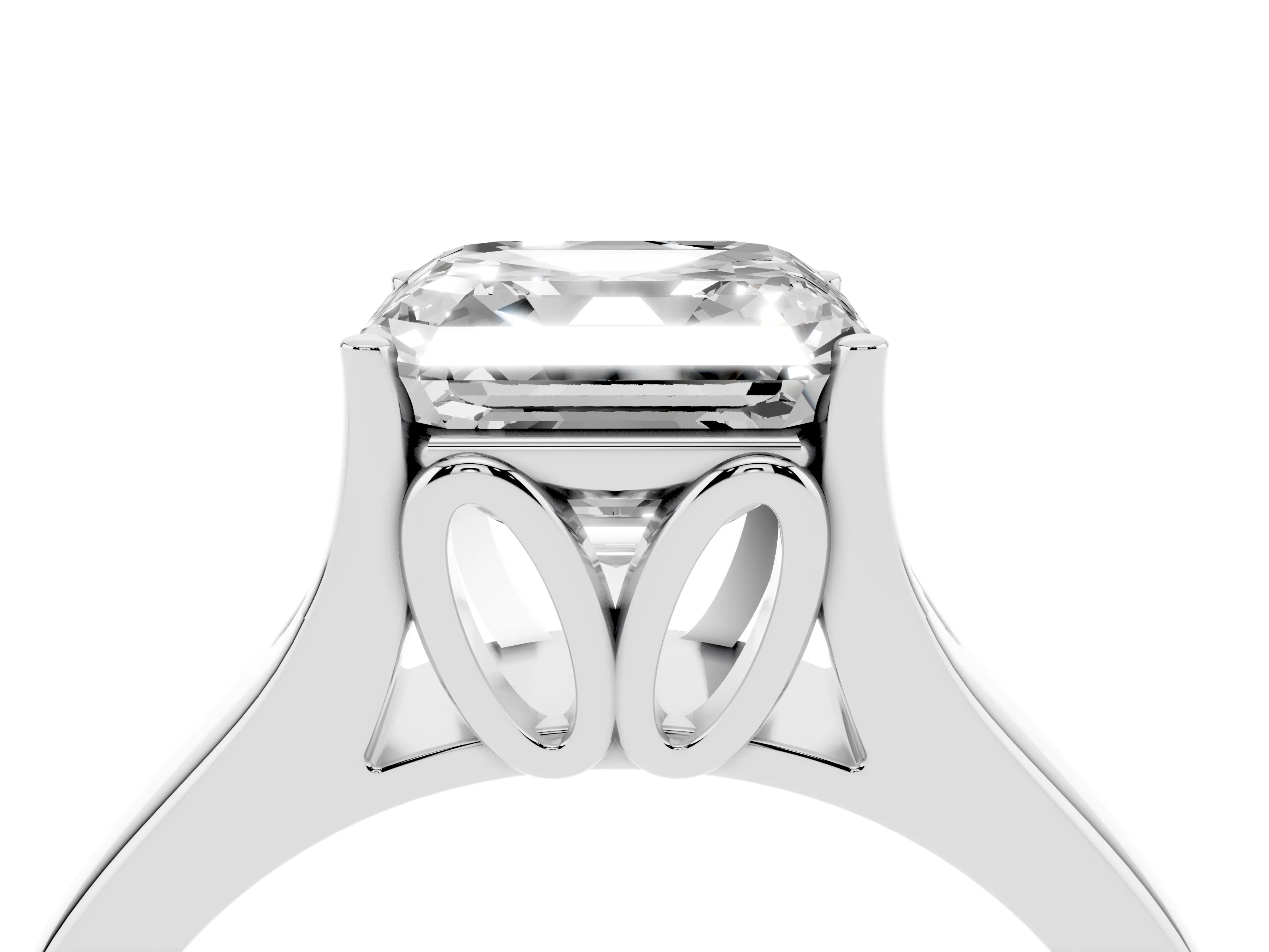 Asscher Cut Diamond Solitaire Ring Set in Platinum with Arched Cathedral Band and Prong Setting