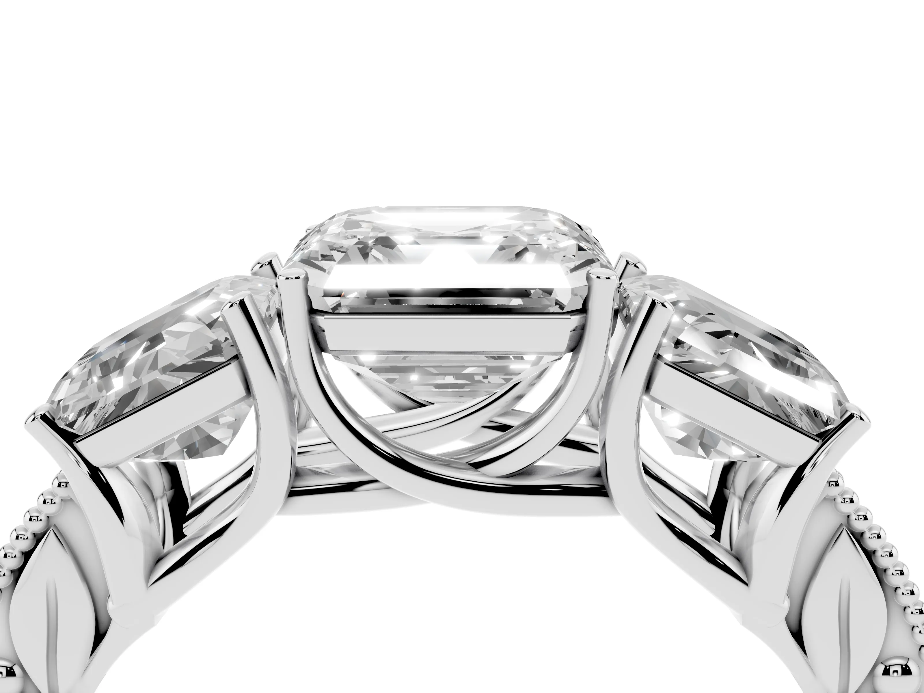 Asscher Cut Diamond Three-Stone Engagement Ring Set in Silver with Milgrain Pavé Band