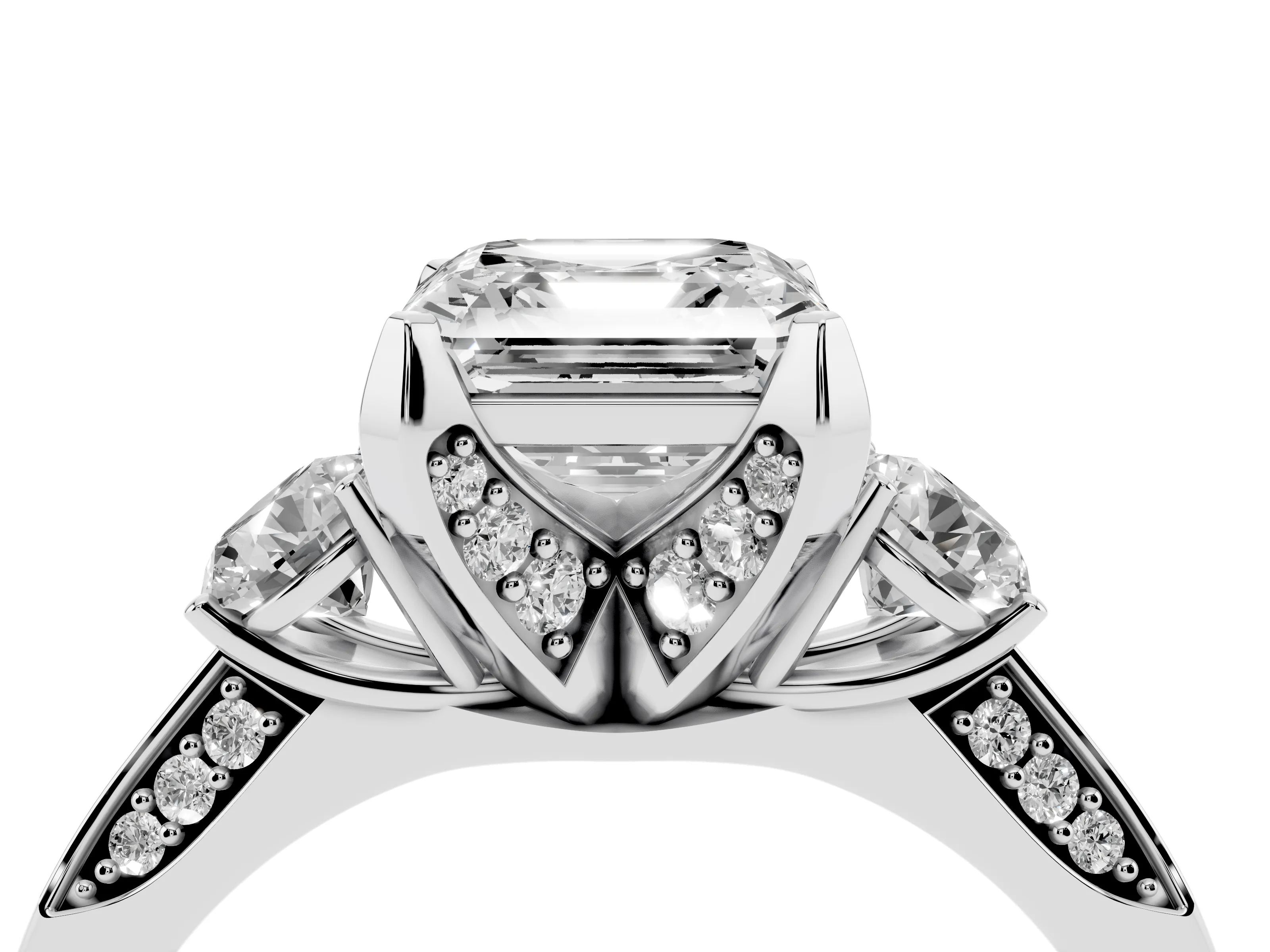 Asscher Cut Diamond Three-Stone Ring Set in Platinum with Pavé Band and Smaller Side Stones