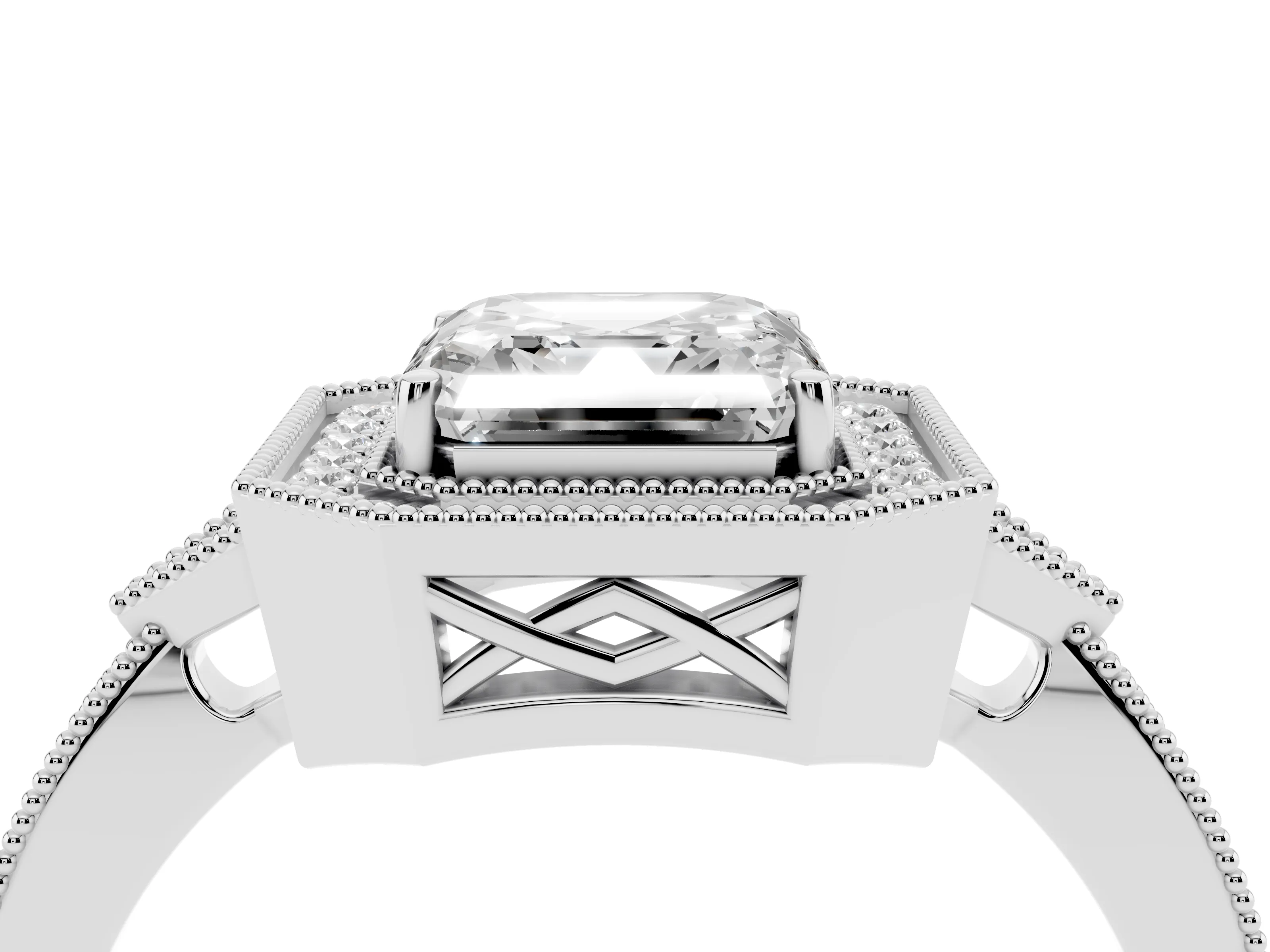 Asscher Cut Diamond Halo Engagement Ring Set in White gold with Milgrain Pavé Band