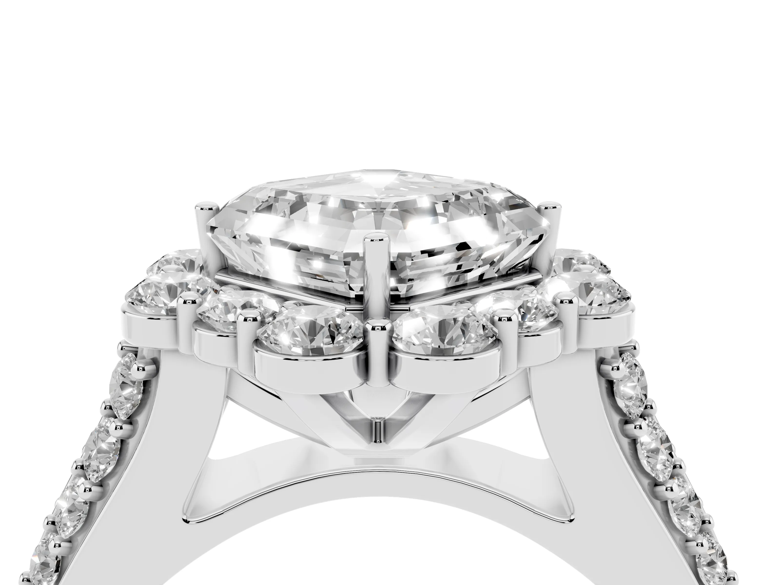 Asscher Cut Diamond Halo Engagement Ring Set in Silver with Split Shank and Prong Setting