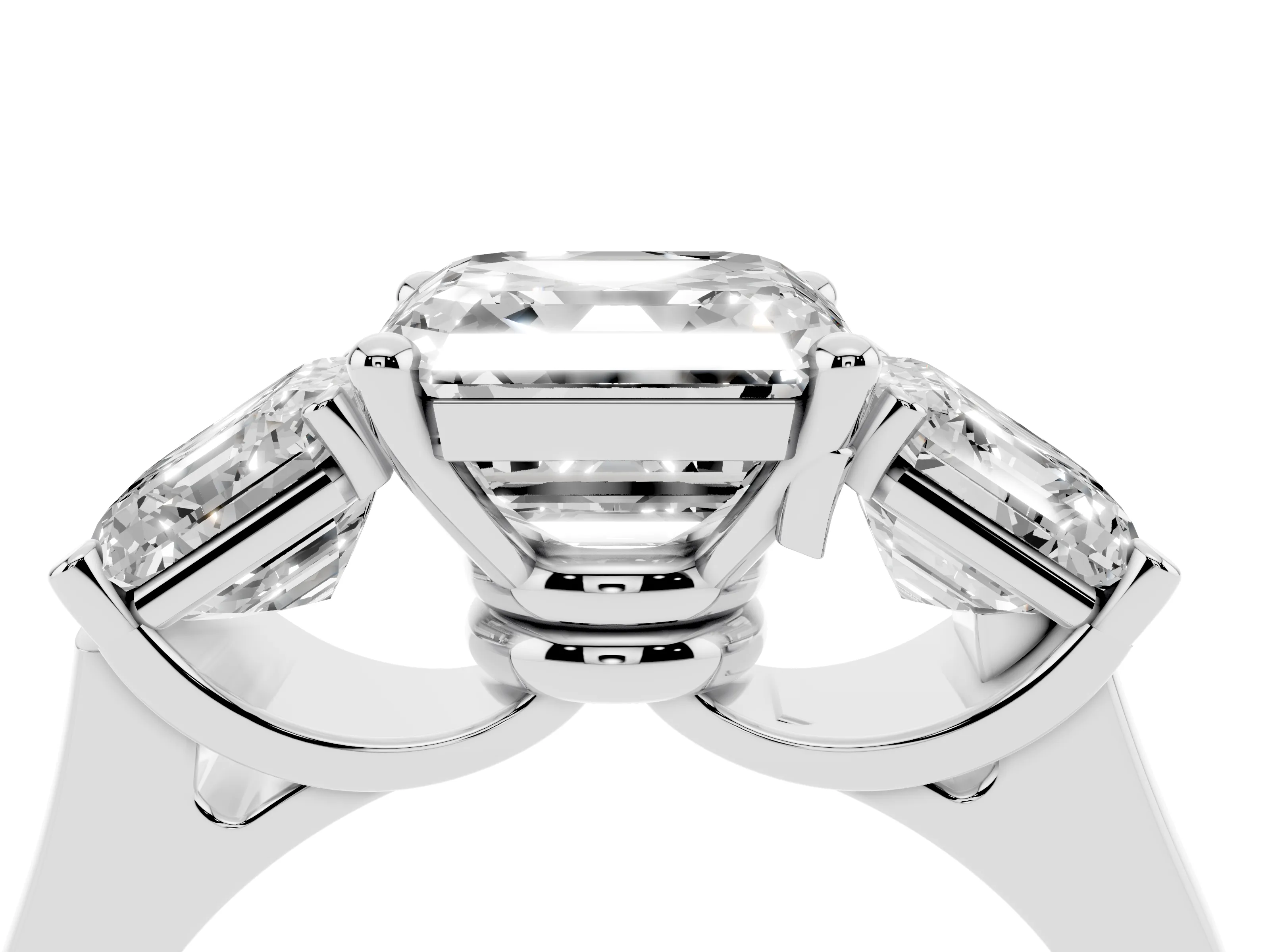 Asscher Cut Diamond Three-Stone Trellis Ring Set in White gold with Comfort Fit Band