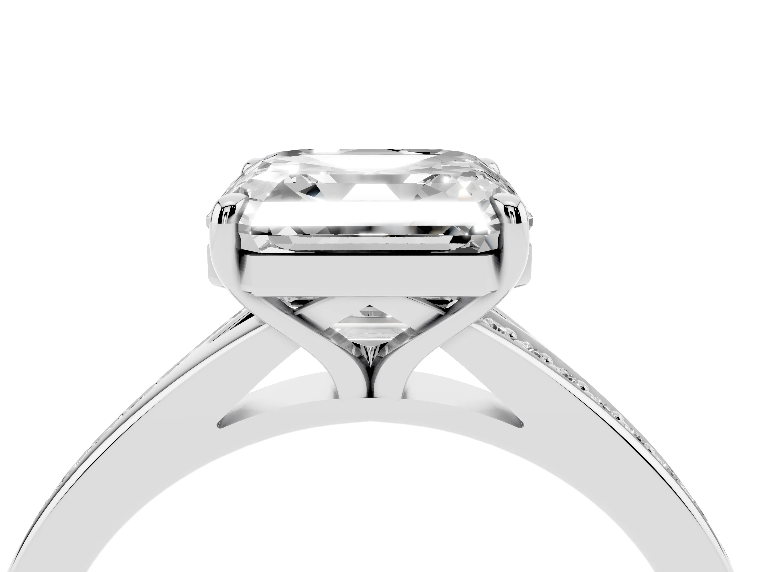 Asscher Cut Diamond Solitaire Ring Set in Silver with Pavé Accent Band and Classic Prong Setting