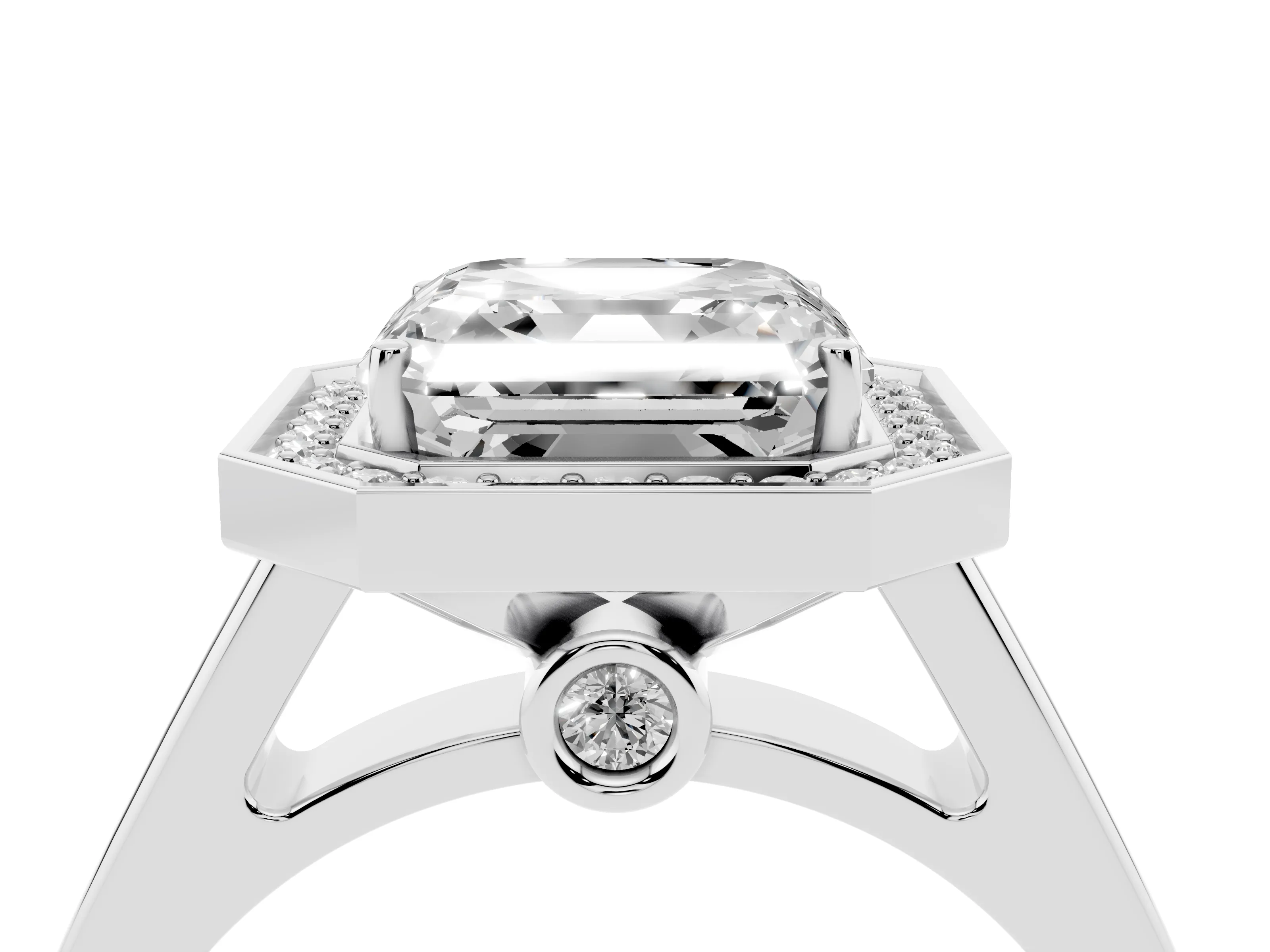 Asscher Cut Diamond Halo Solitaire Ring Set in Platinum with Pavé Band and Bezel Setting