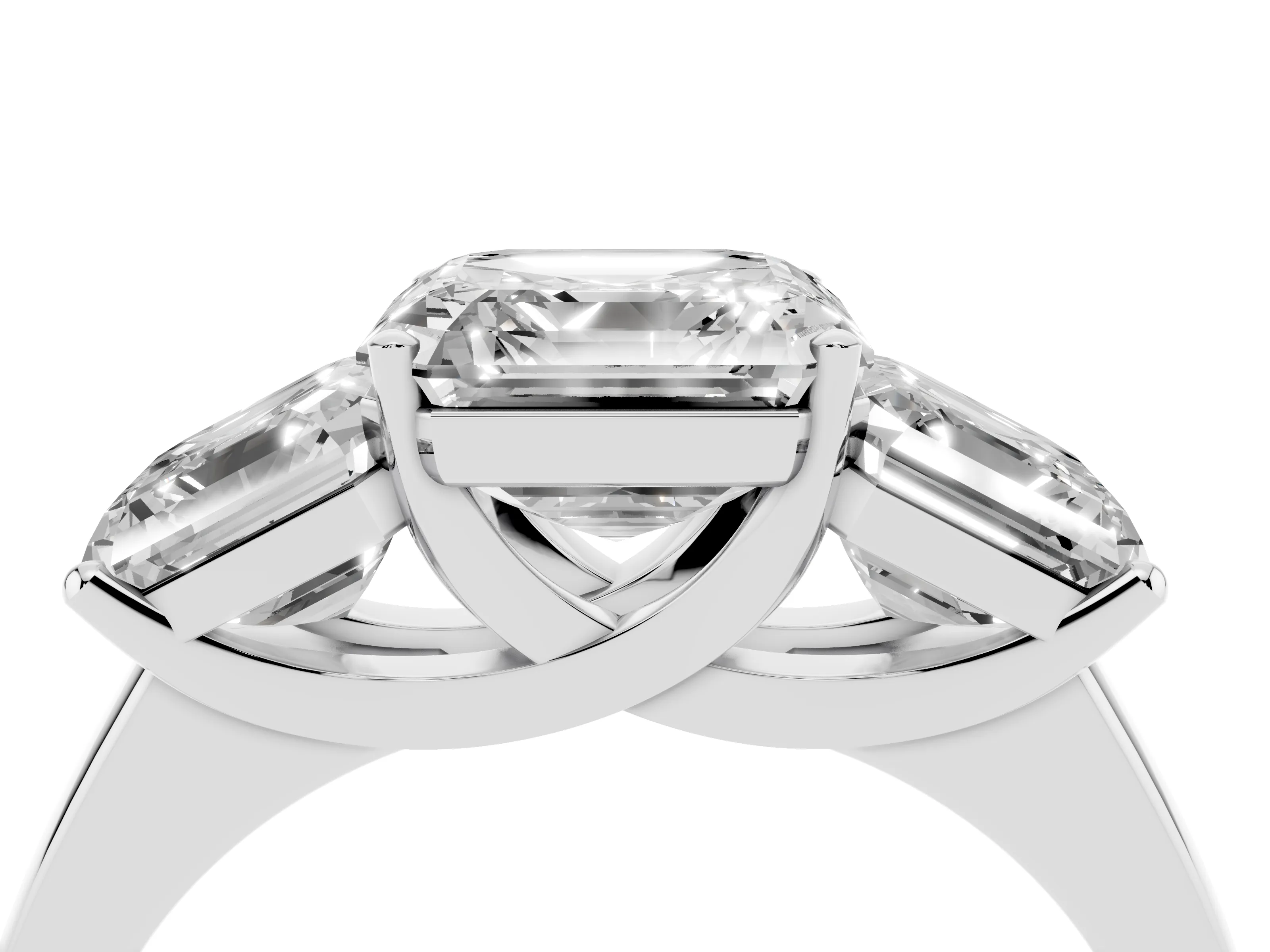 Asscher Cut Diamond Three-Stone Ring Set in Silver with Classic Prong Setting and Plain Band